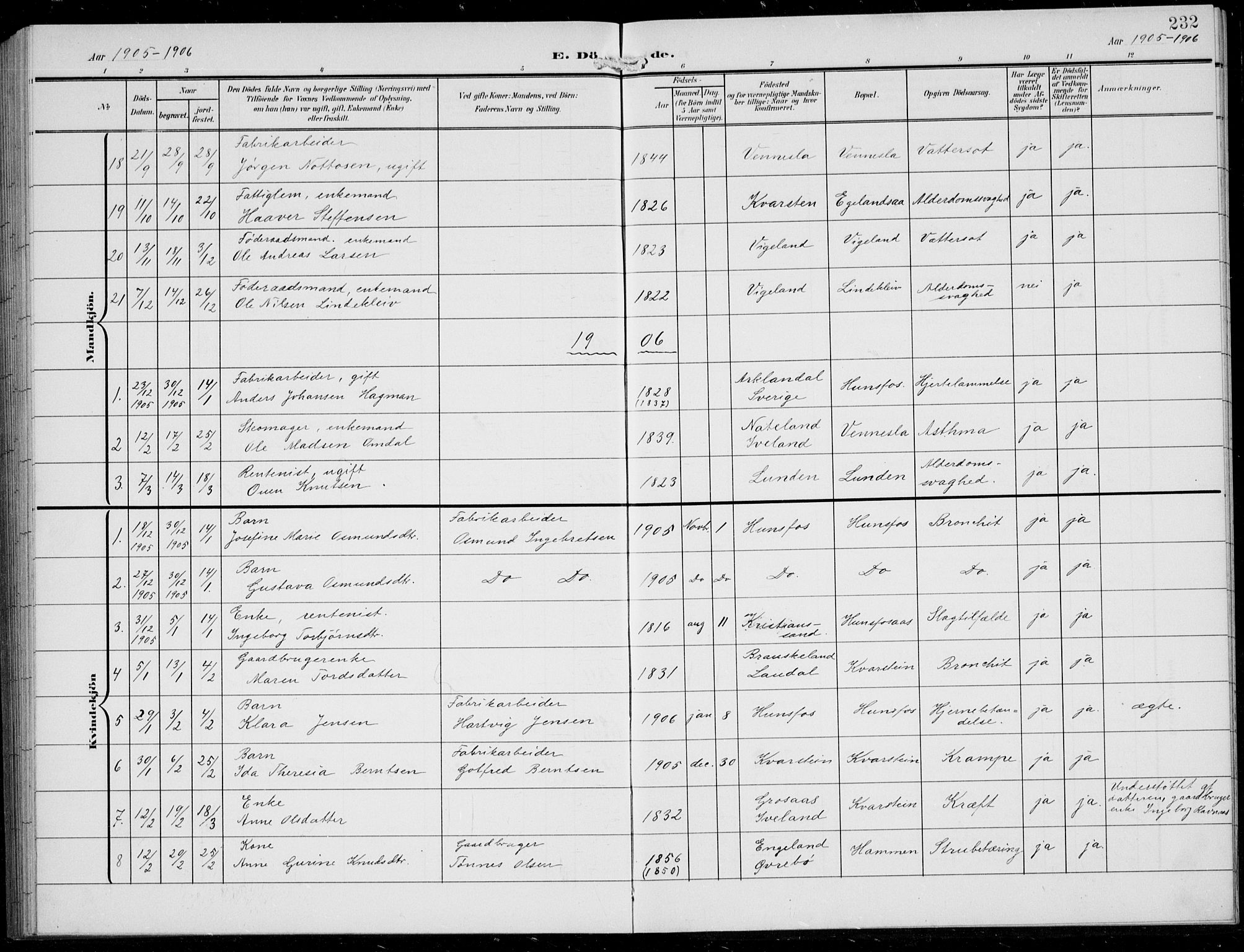 Vennesla sokneprestkontor, SAK/1111-0045/Fb/Fbb/L0005: Parish register (copy) no. B 5, 1903-1913, p. 232