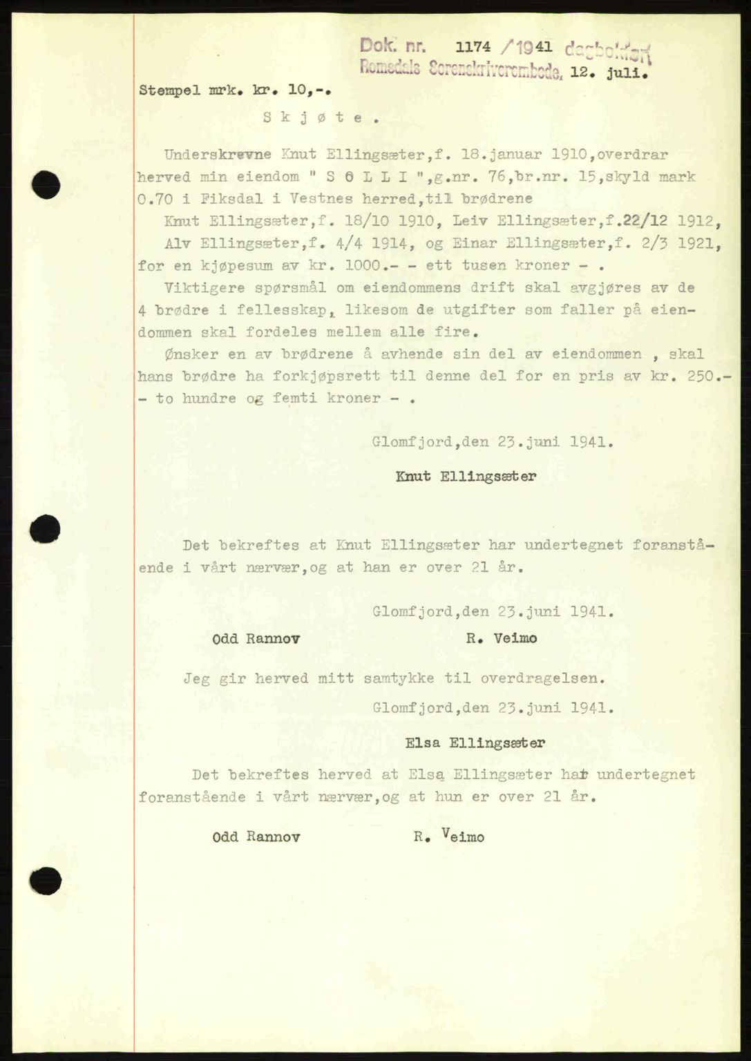 Romsdal sorenskriveri, AV/SAT-A-4149/1/2/2C: Mortgage book no. A10, 1941-1941, Diary no: : 1174/1941