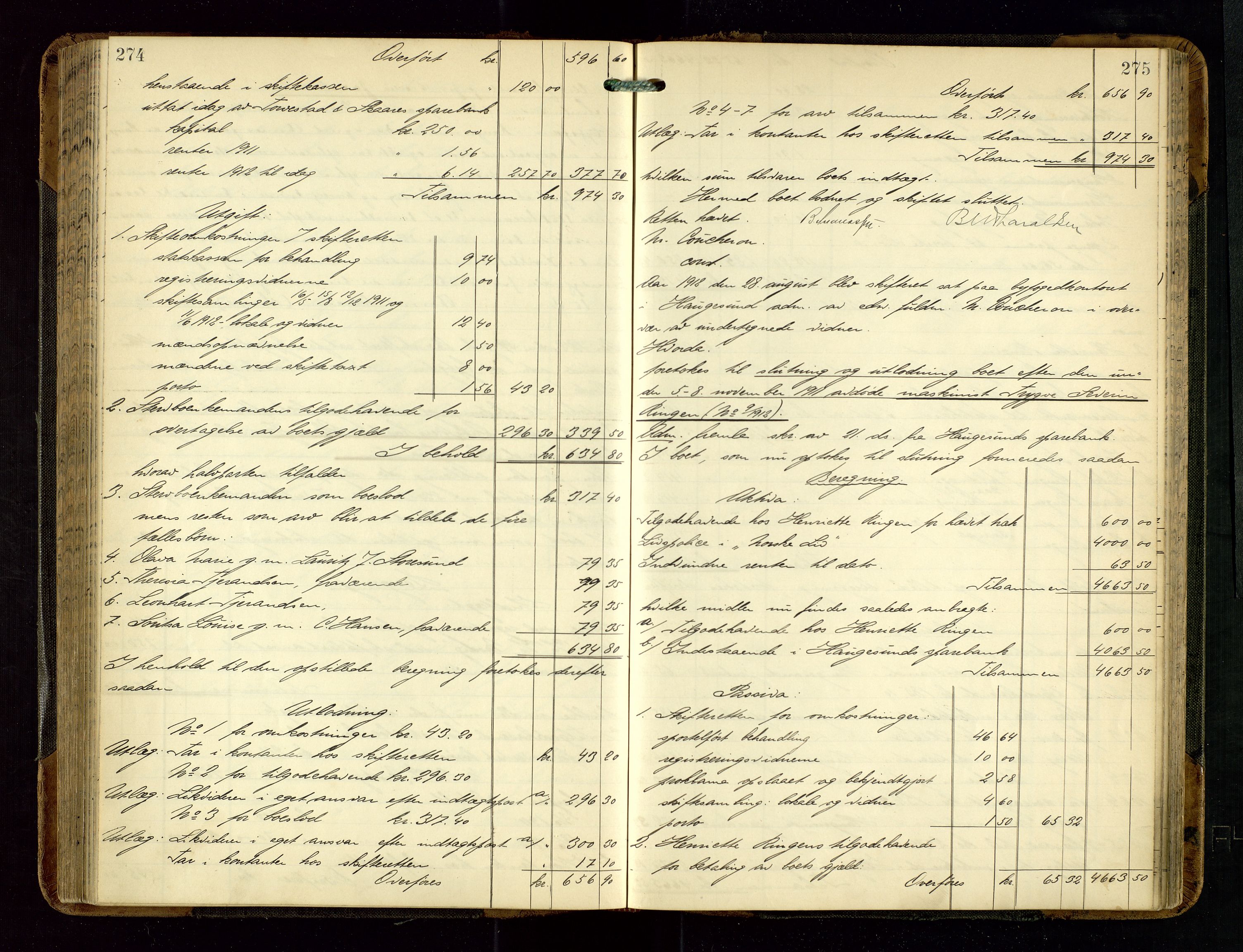 Haugesund tingrett, SAST/A-101415/01/IV/IVD/L0002: Skifteutlodningsprotokoll, med register, 1904-1915, p. 274-275