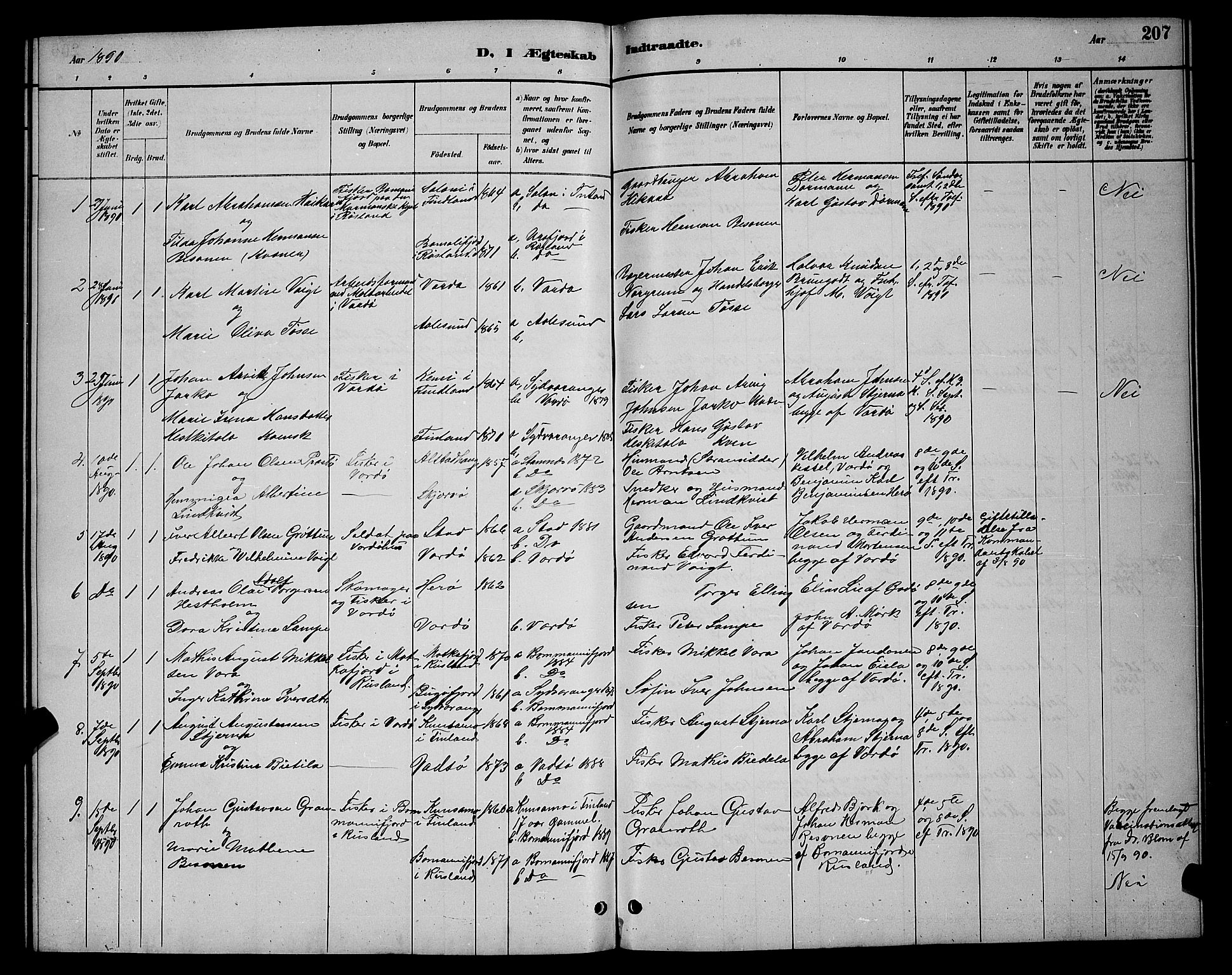 Vardø sokneprestkontor, SATØ/S-1332/H/Hb/L0005klokker: Parish register (copy) no. 5, 1887-1892, p. 207