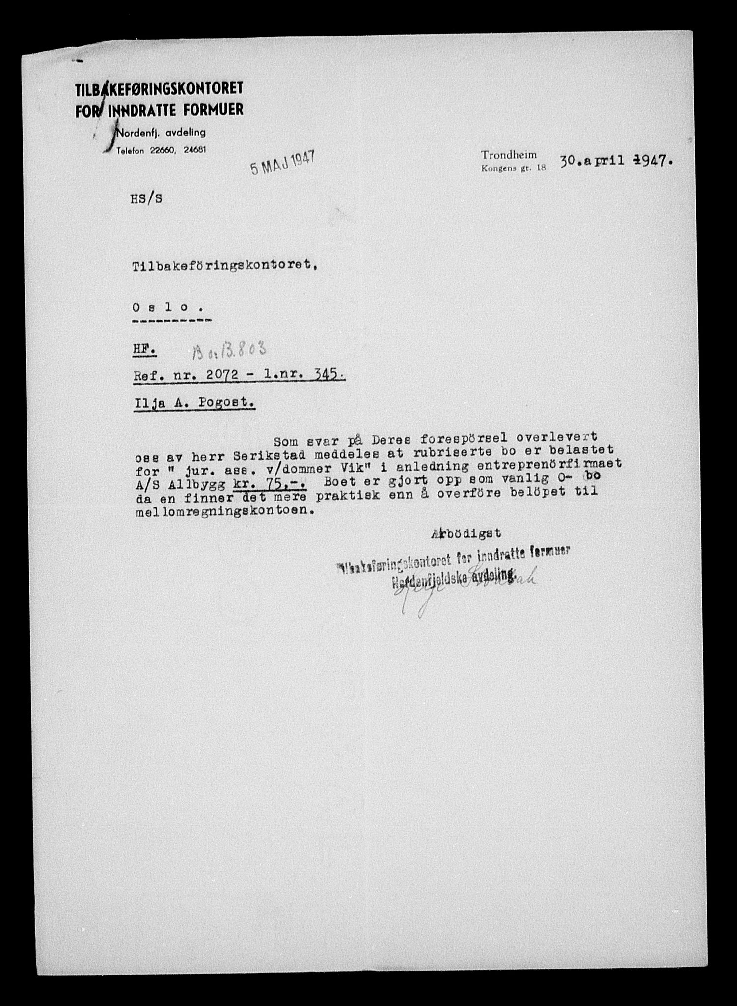 Justisdepartementet, Tilbakeføringskontoret for inndratte formuer, AV/RA-S-1564/H/Hc/Hcc/L0970: --, 1945-1947, p. 42