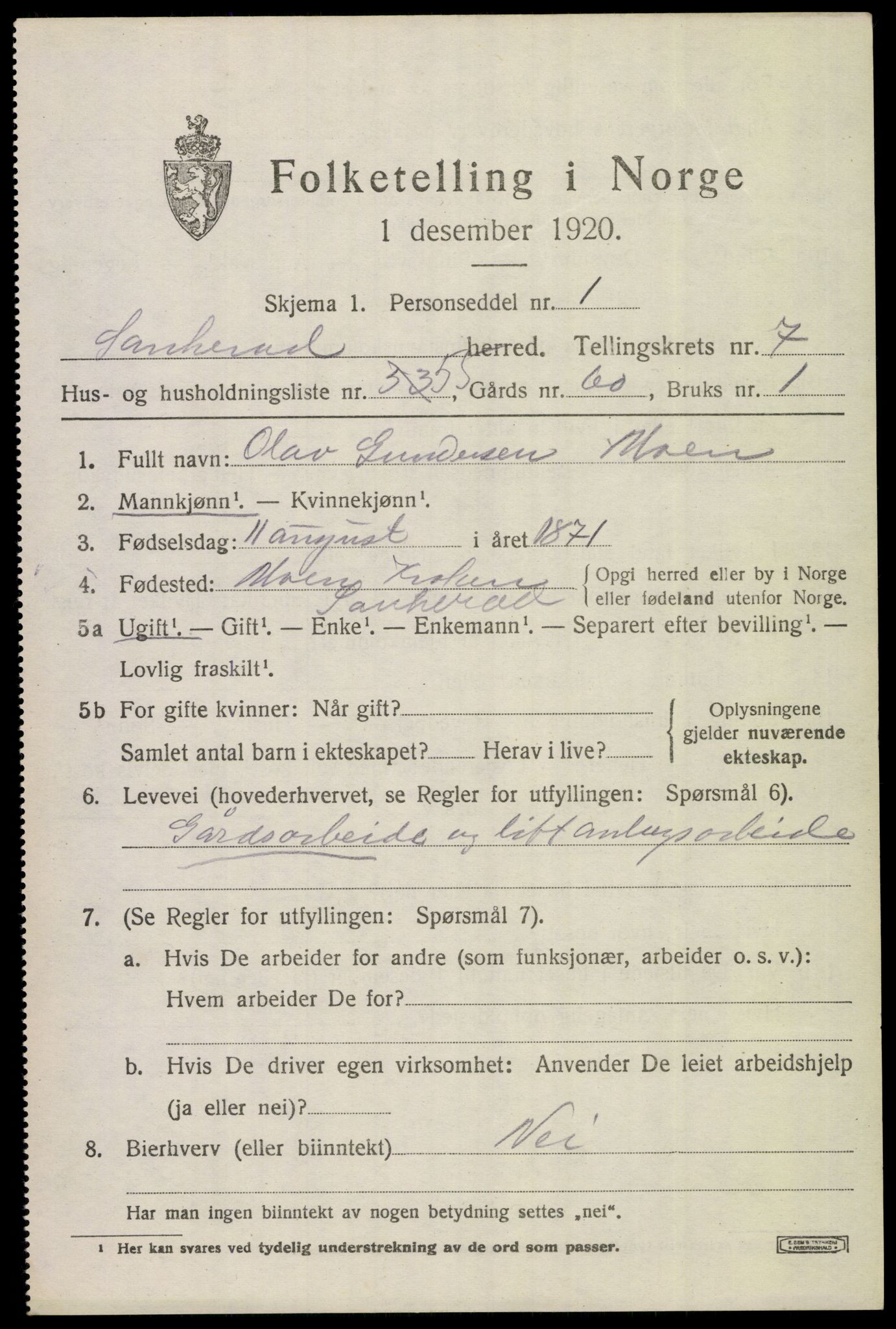 SAKO, 1920 census for Sauherad, 1920, p. 6147