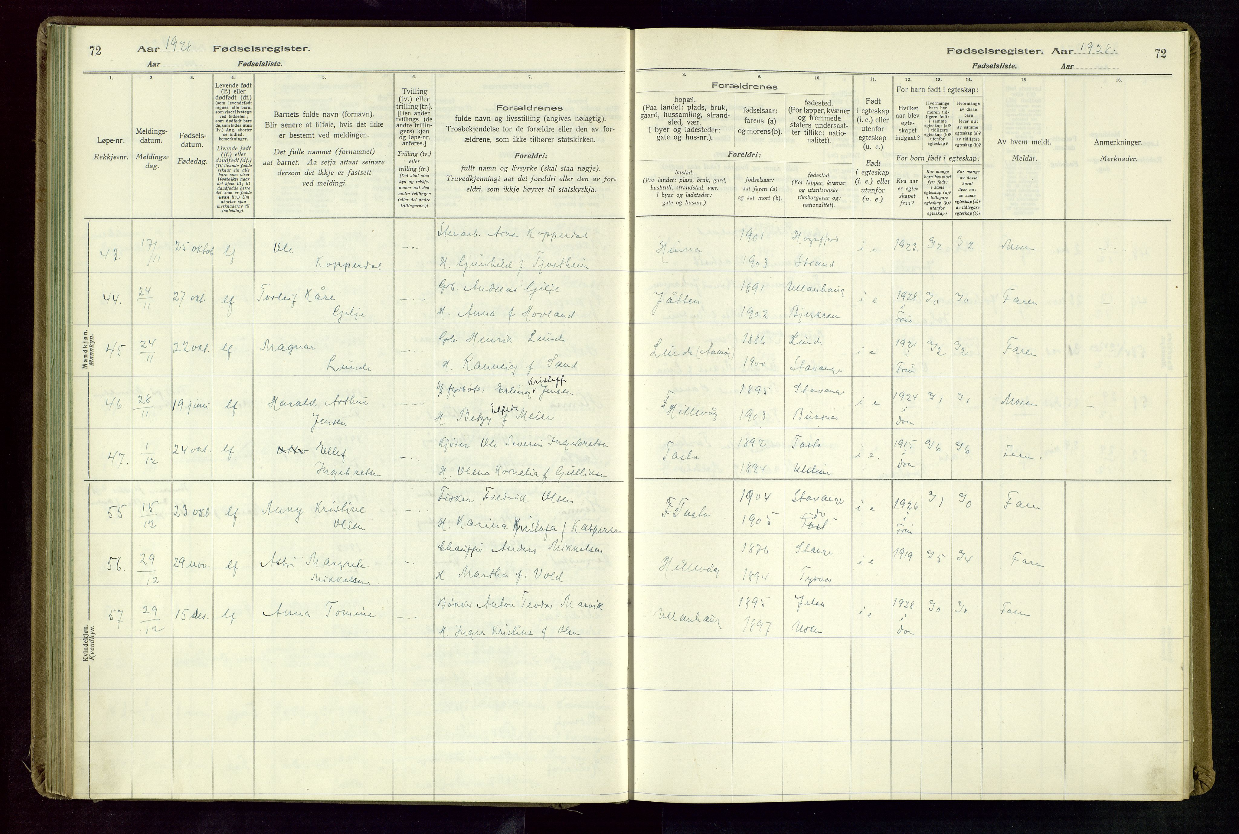 Hetland sokneprestkontor, SAST/A-101826/70/704BA/L0004: Birth register no. 4, 1923-1937, p. 72