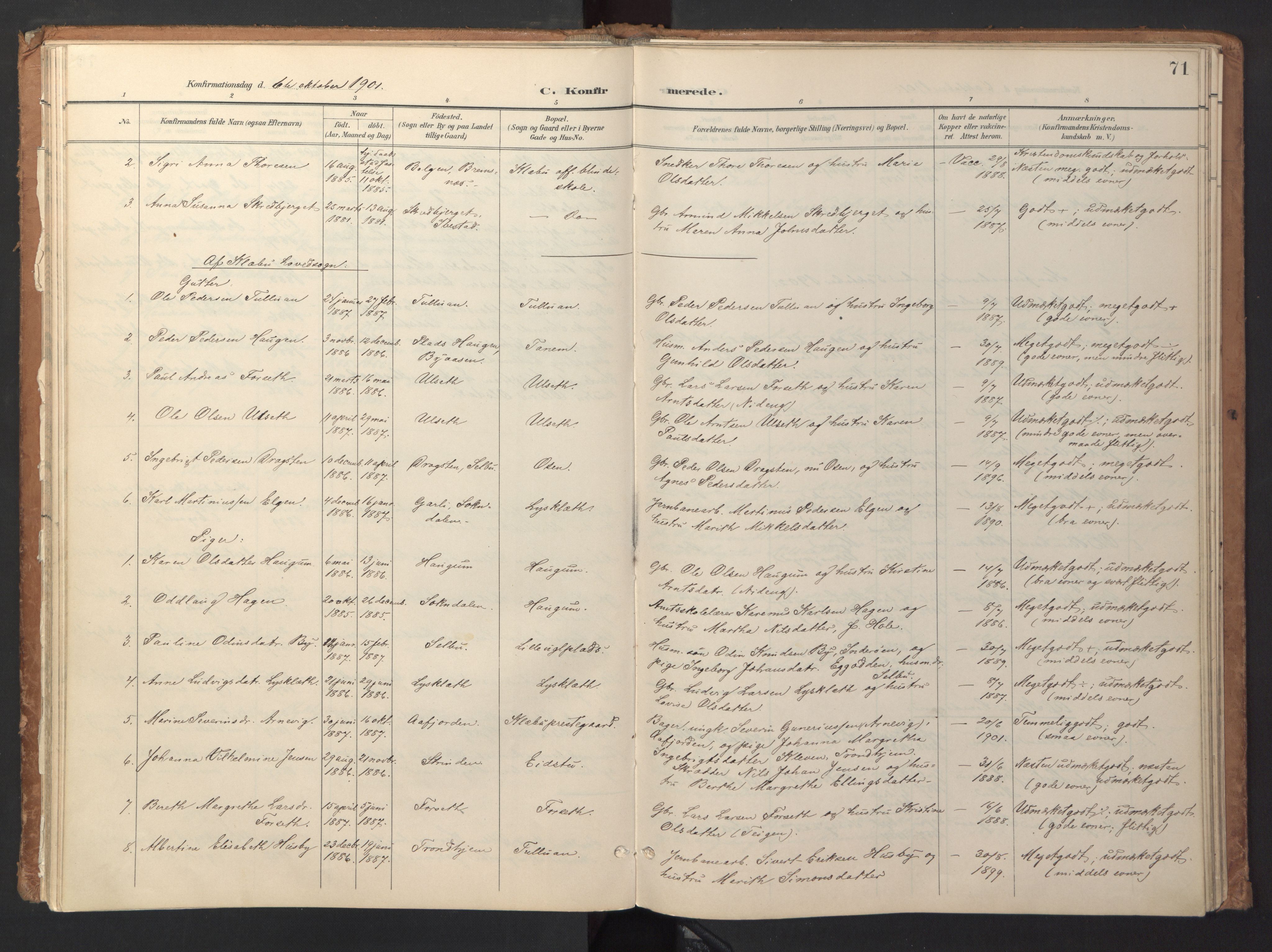 Ministerialprotokoller, klokkerbøker og fødselsregistre - Sør-Trøndelag, SAT/A-1456/618/L0448: Parish register (official) no. 618A11, 1898-1916, p. 71