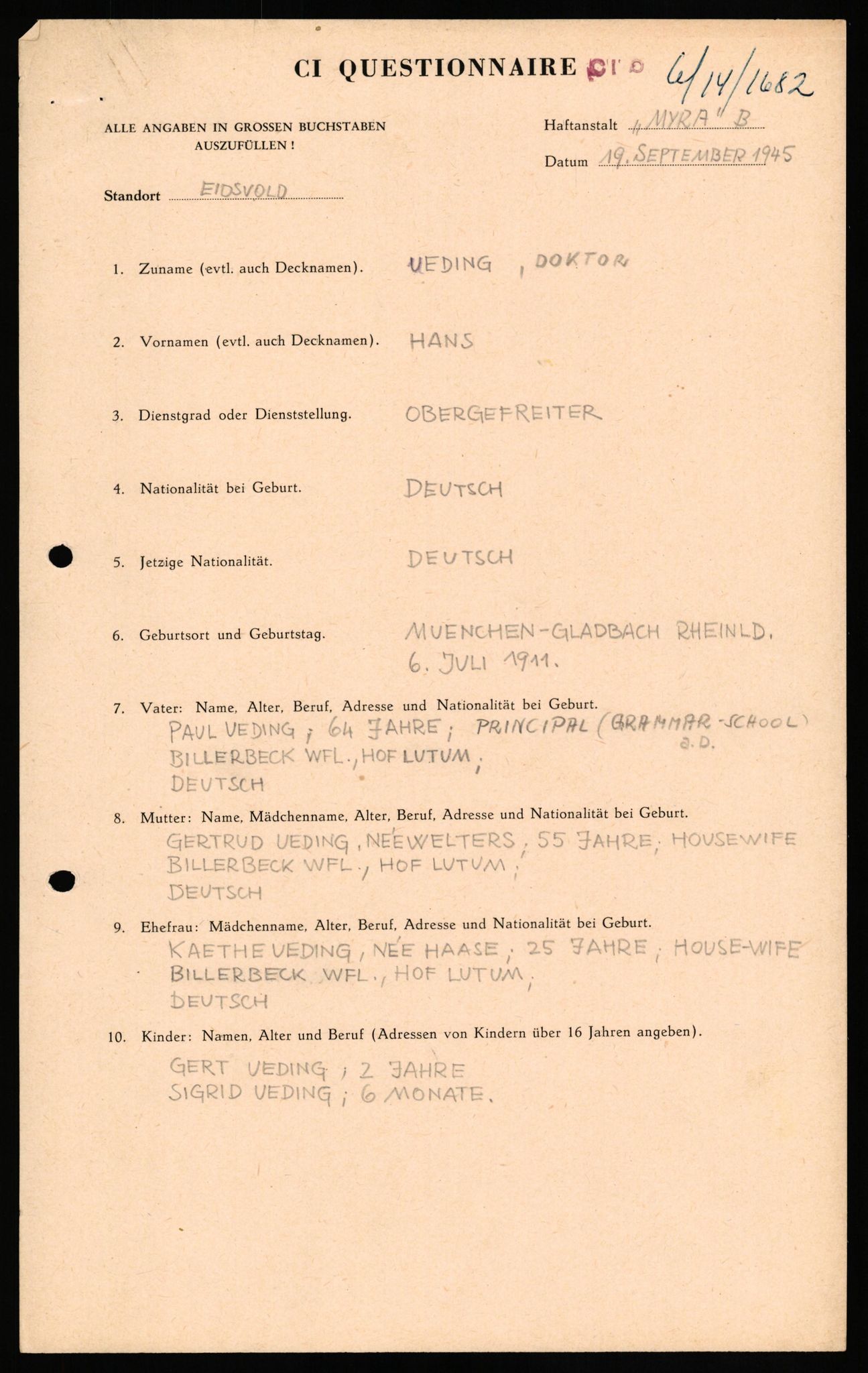 Forsvaret, Forsvarets overkommando II, AV/RA-RAFA-3915/D/Db/L0034: CI Questionaires. Tyske okkupasjonsstyrker i Norge. Tyskere., 1945-1946, p. 152