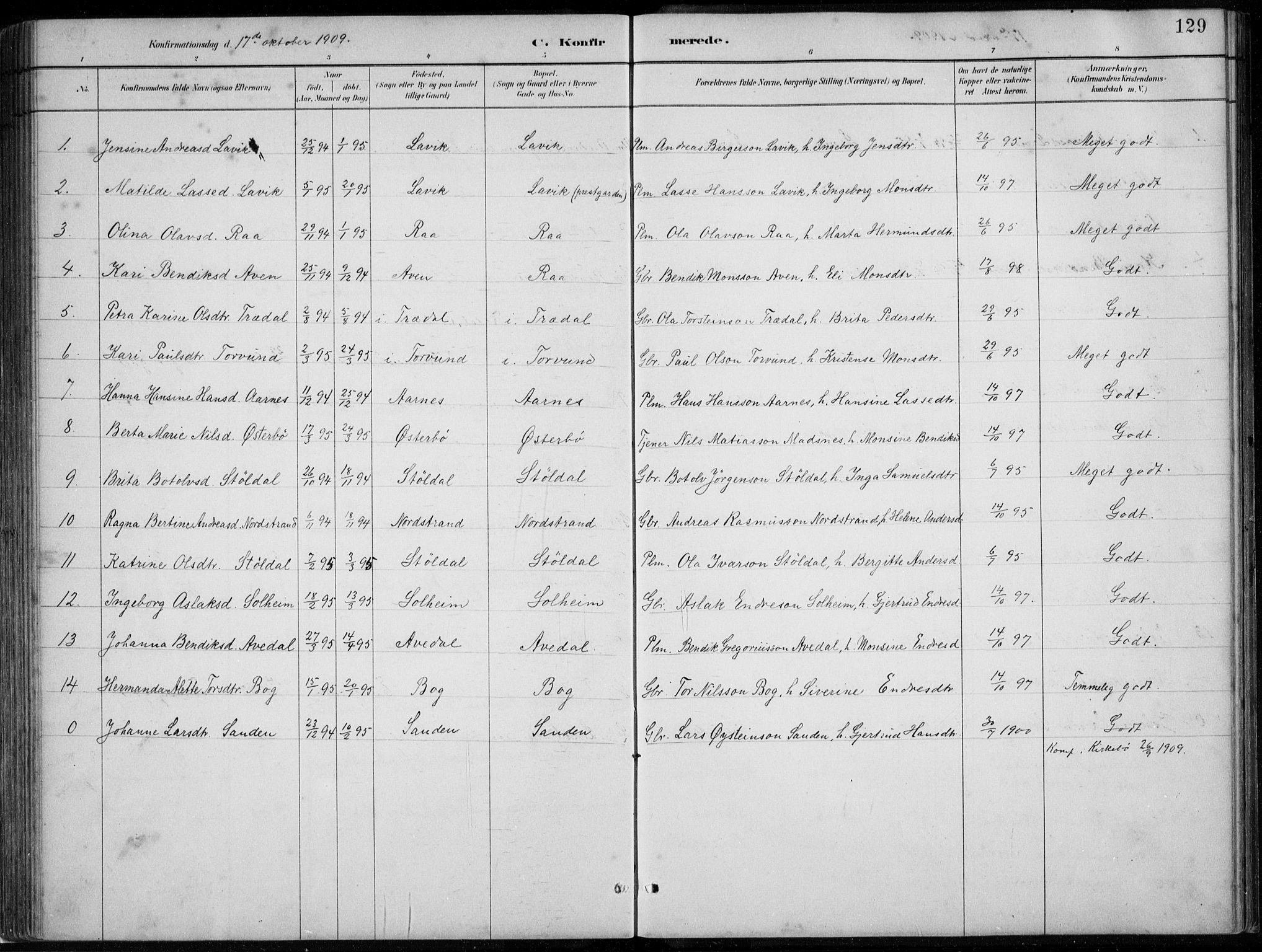 Lavik sokneprestembete, AV/SAB-A-80901: Parish register (copy) no. A 2, 1882-1910, p. 129