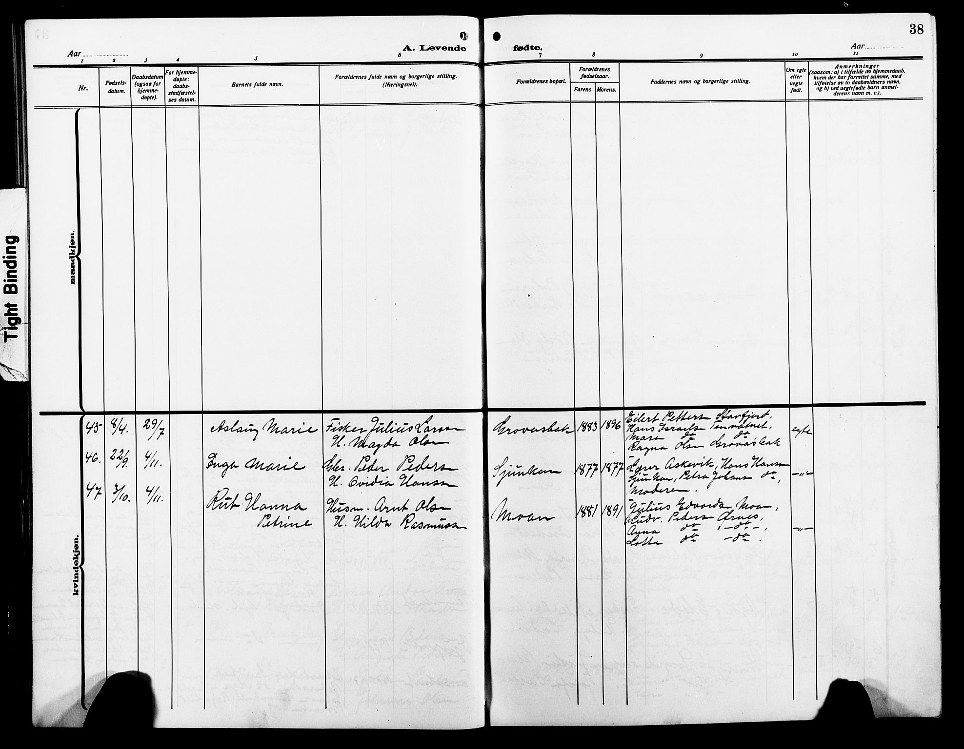 Ministerialprotokoller, klokkerbøker og fødselsregistre - Nordland, AV/SAT-A-1459/854/L0787: Parish register (copy) no. 854C03, 1913-1926, p. 38