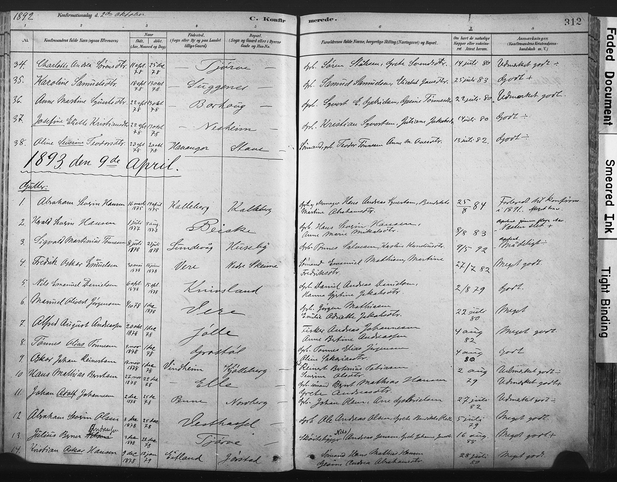 Lista sokneprestkontor, SAK/1111-0027/F/Fa/L0012: Parish register (official) no. A 12, 1879-1903, p. 312