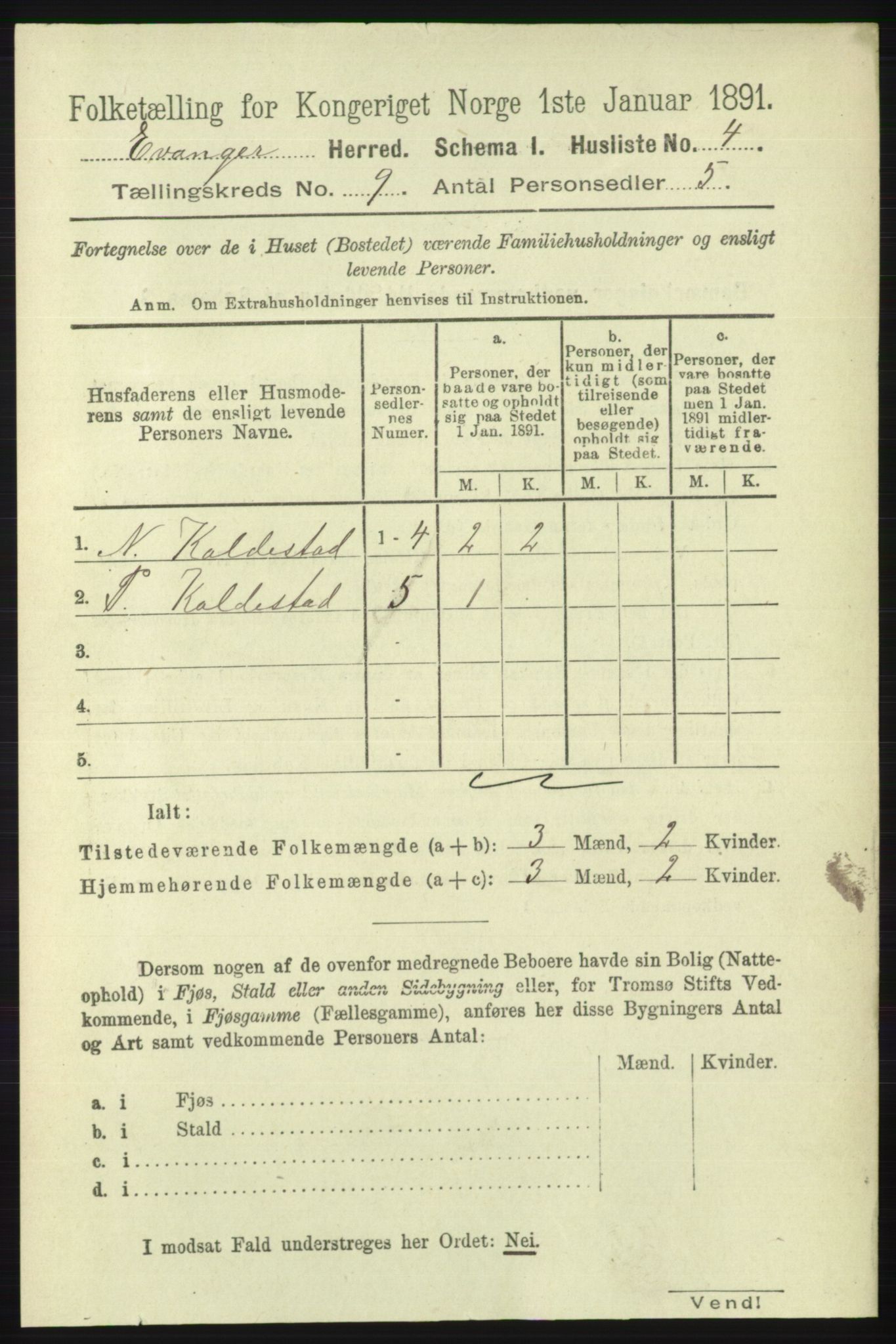 RA, 1891 census for 1237 Evanger, 1891, p. 2327