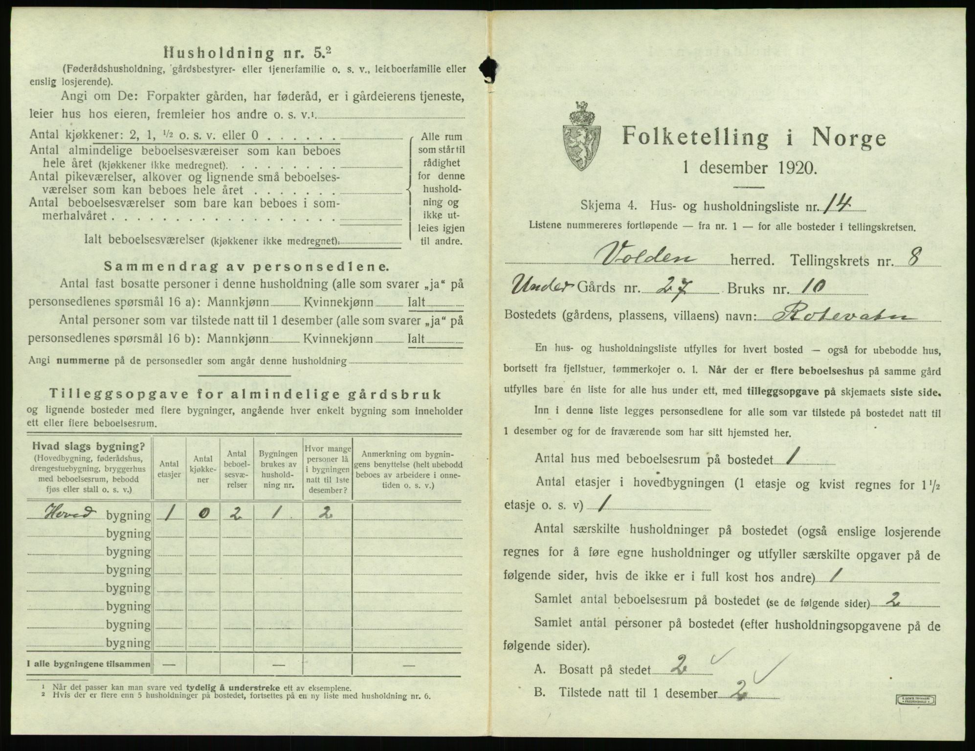 SAT, 1920 census for Volda, 1920, p. 754