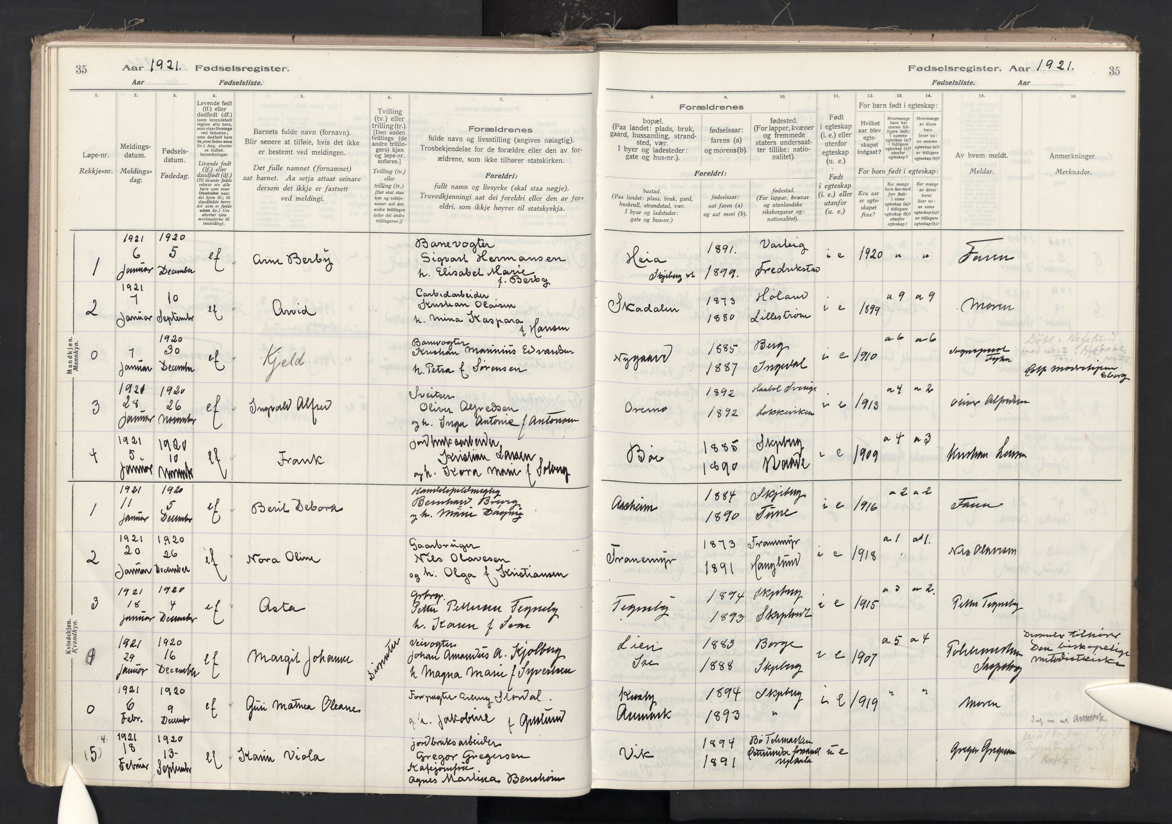 Skjeberg prestekontor Kirkebøker, SAO/A-10923/J/Ja/L0001: Birth register no. I 1, 1916-1945, p. 35