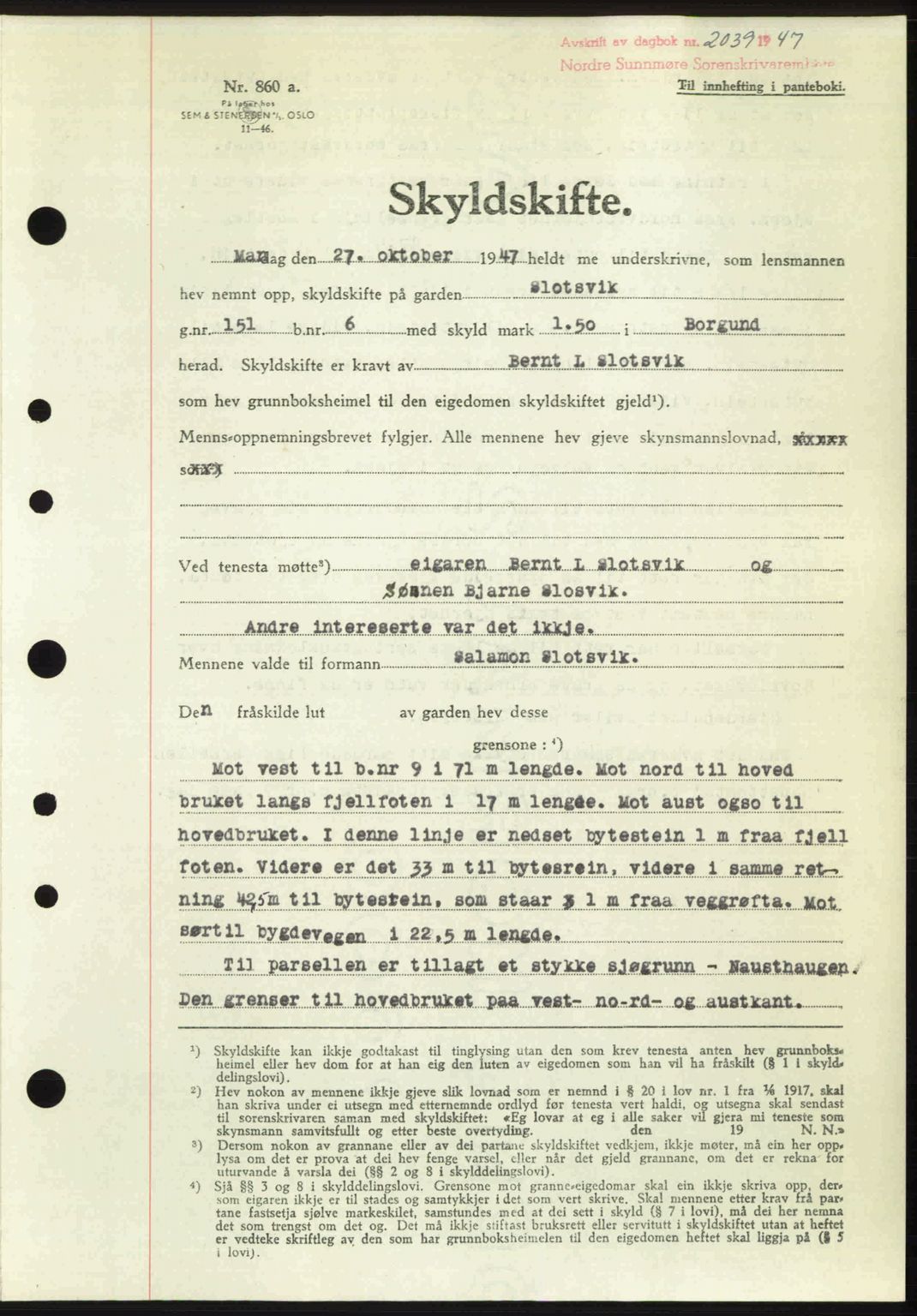 Nordre Sunnmøre sorenskriveri, AV/SAT-A-0006/1/2/2C/2Ca: Mortgage book no. A26, 1947-1948, Diary no: : 2039/1947