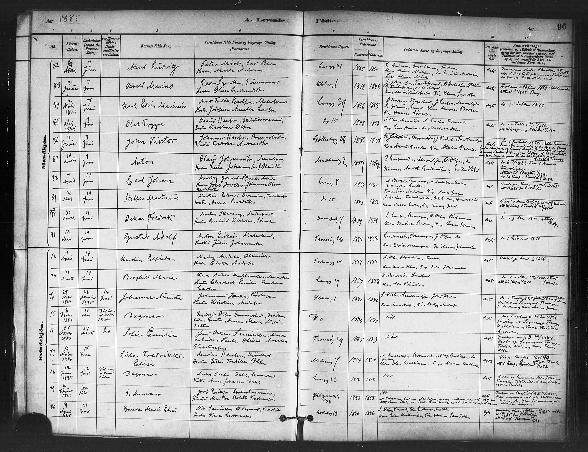 Petrus prestekontor Kirkebøker, AV/SAO-A-10872/F/Fa/L0001: Parish register (official) no. I 1, 1880-1887, p. 96