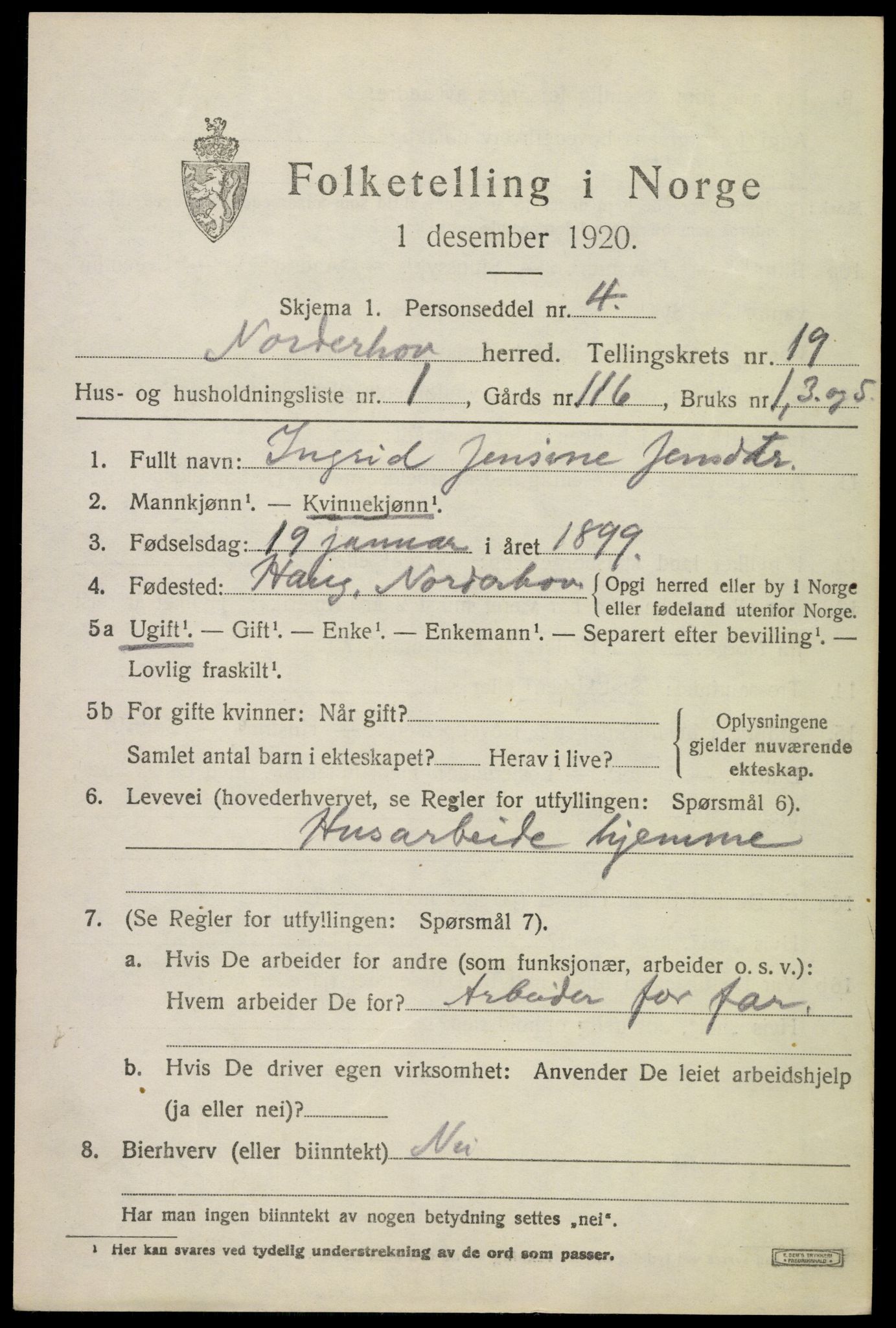 SAKO, 1920 census for Norderhov, 1920, p. 20310