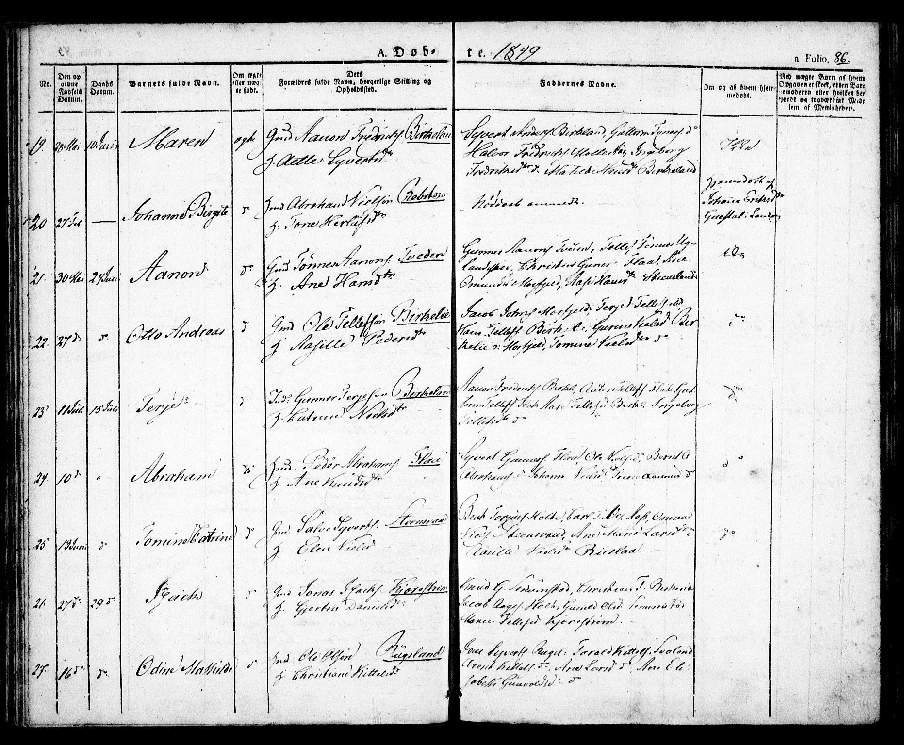 Birkenes sokneprestkontor, SAK/1111-0004/F/Fa/L0001: Parish register (official) no. A 1, 1829-1849, p. 86