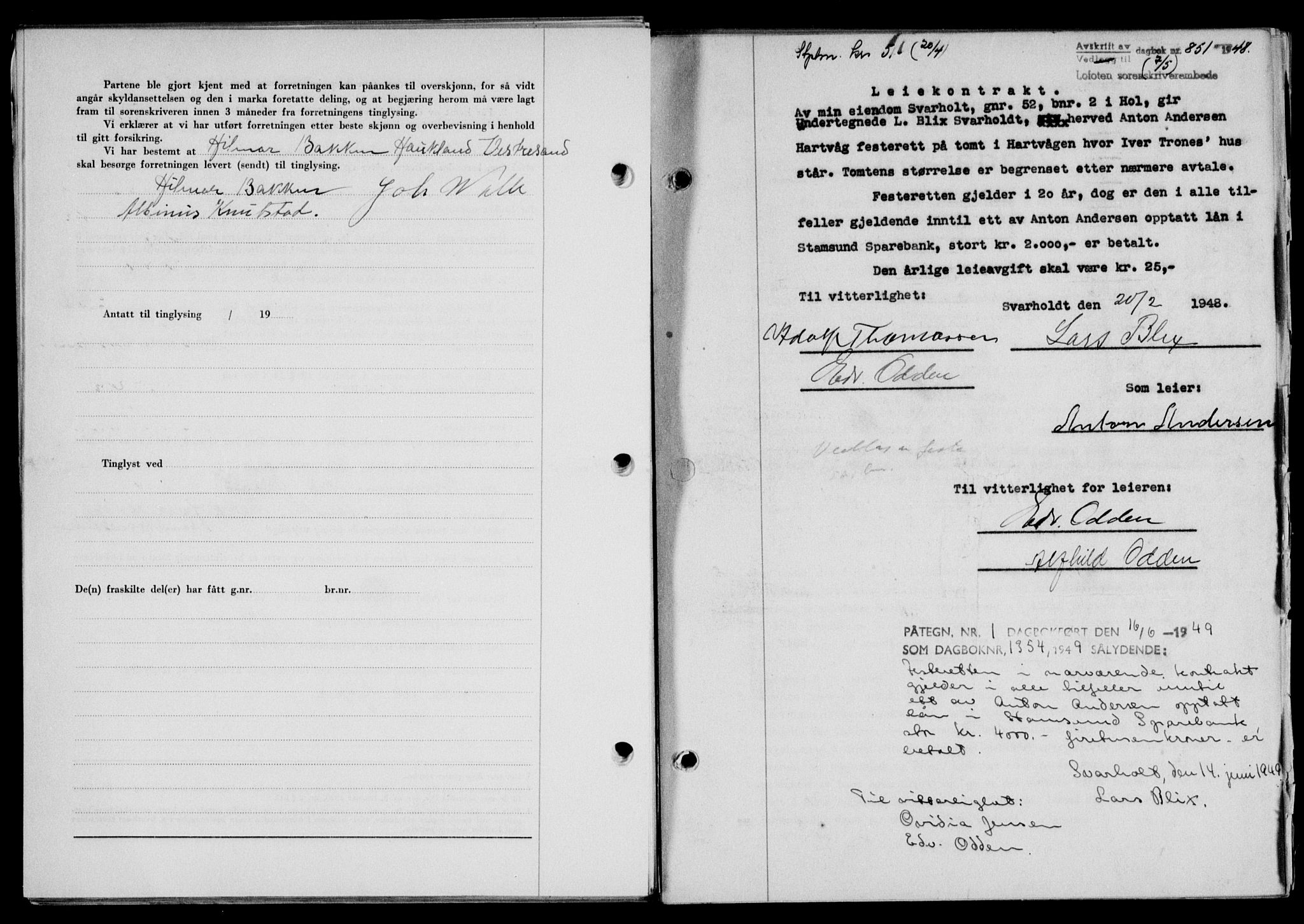 Lofoten sorenskriveri, SAT/A-0017/1/2/2C/L0018a: Mortgage book no. 18a, 1948-1948, Diary no: : 851/1948