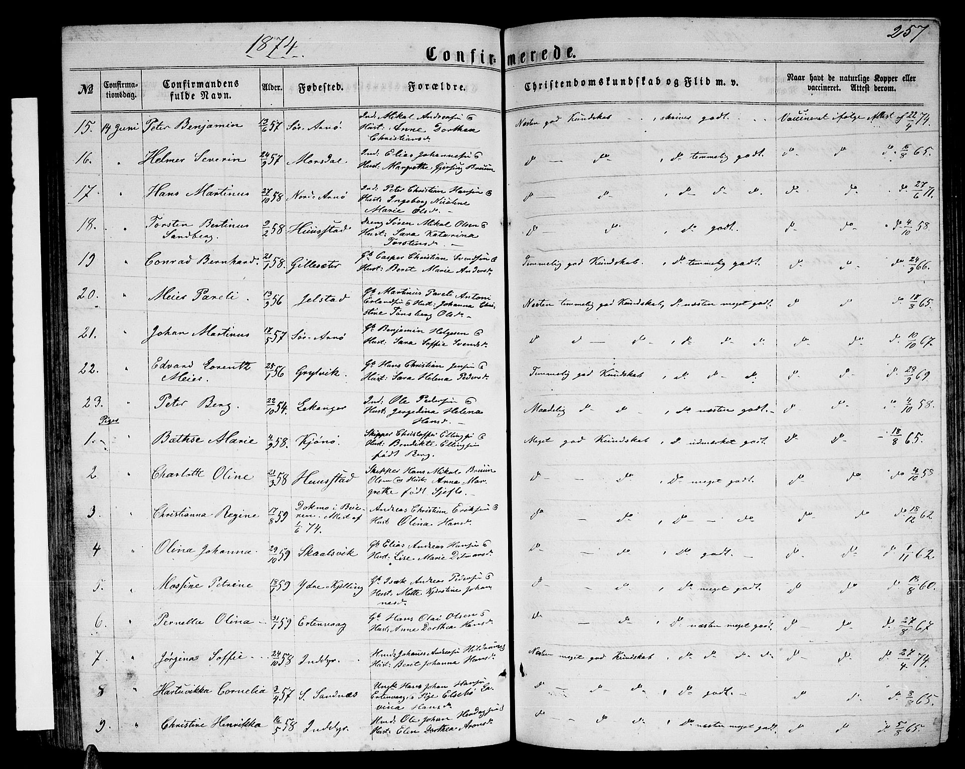 Ministerialprotokoller, klokkerbøker og fødselsregistre - Nordland, AV/SAT-A-1459/805/L0107: Parish register (copy) no. 805C03, 1862-1885, p. 257