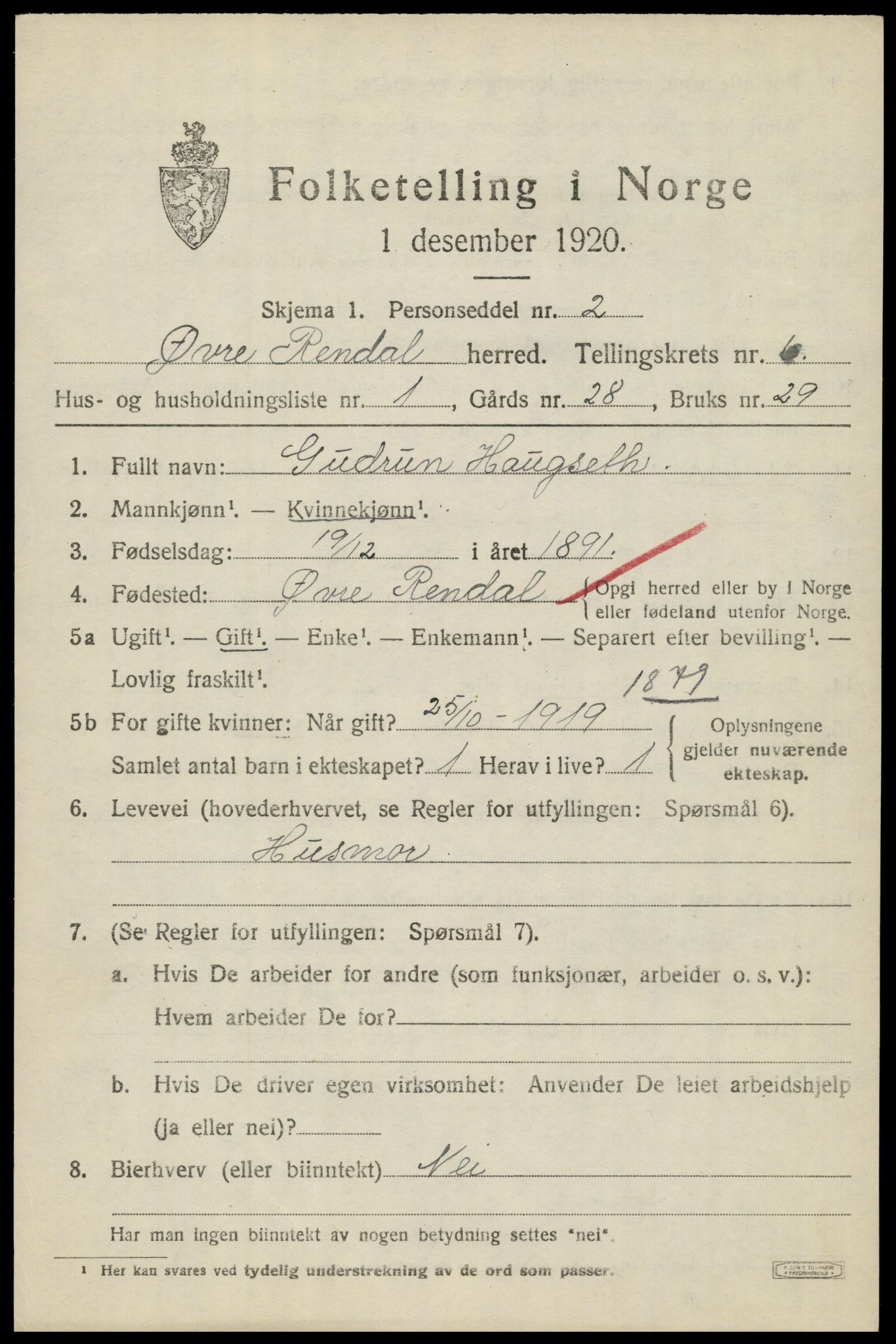 SAH, 1920 census for Øvre Rendal, 1920, p. 2149