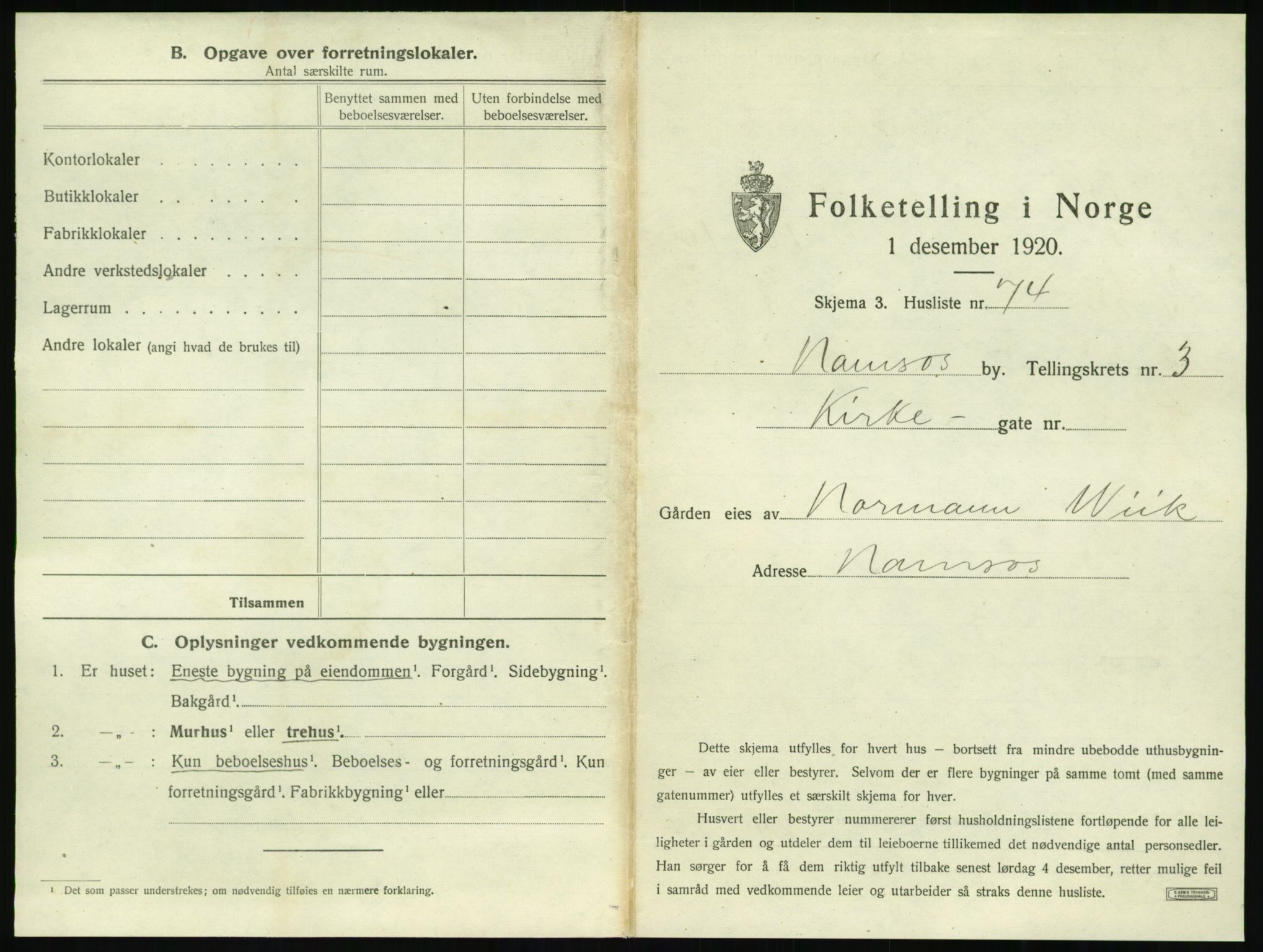 SAT, 1920 census for Namsos, 1920, p. 409