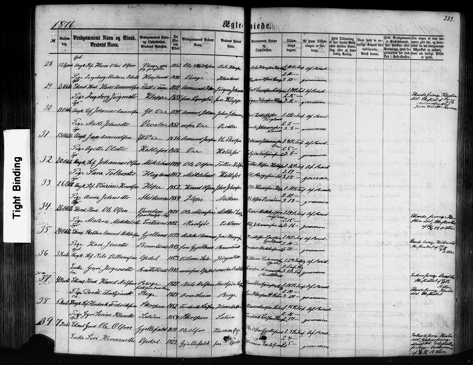 Tysnes sokneprestembete, AV/SAB-A-78601/H/Haa: Parish register (official) no. A 12, 1872-1886, p. 283