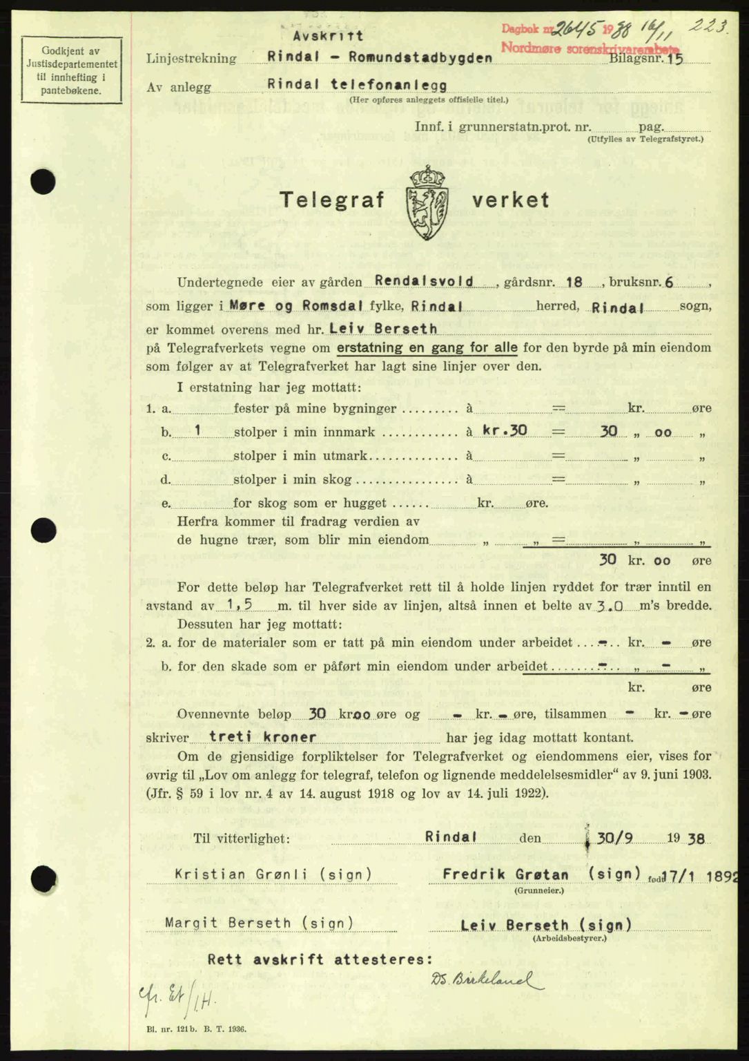 Nordmøre sorenskriveri, SAT/A-4132/1/2/2Ca: Mortgage book no. B84, 1938-1939, Diary no: : 2645/1938