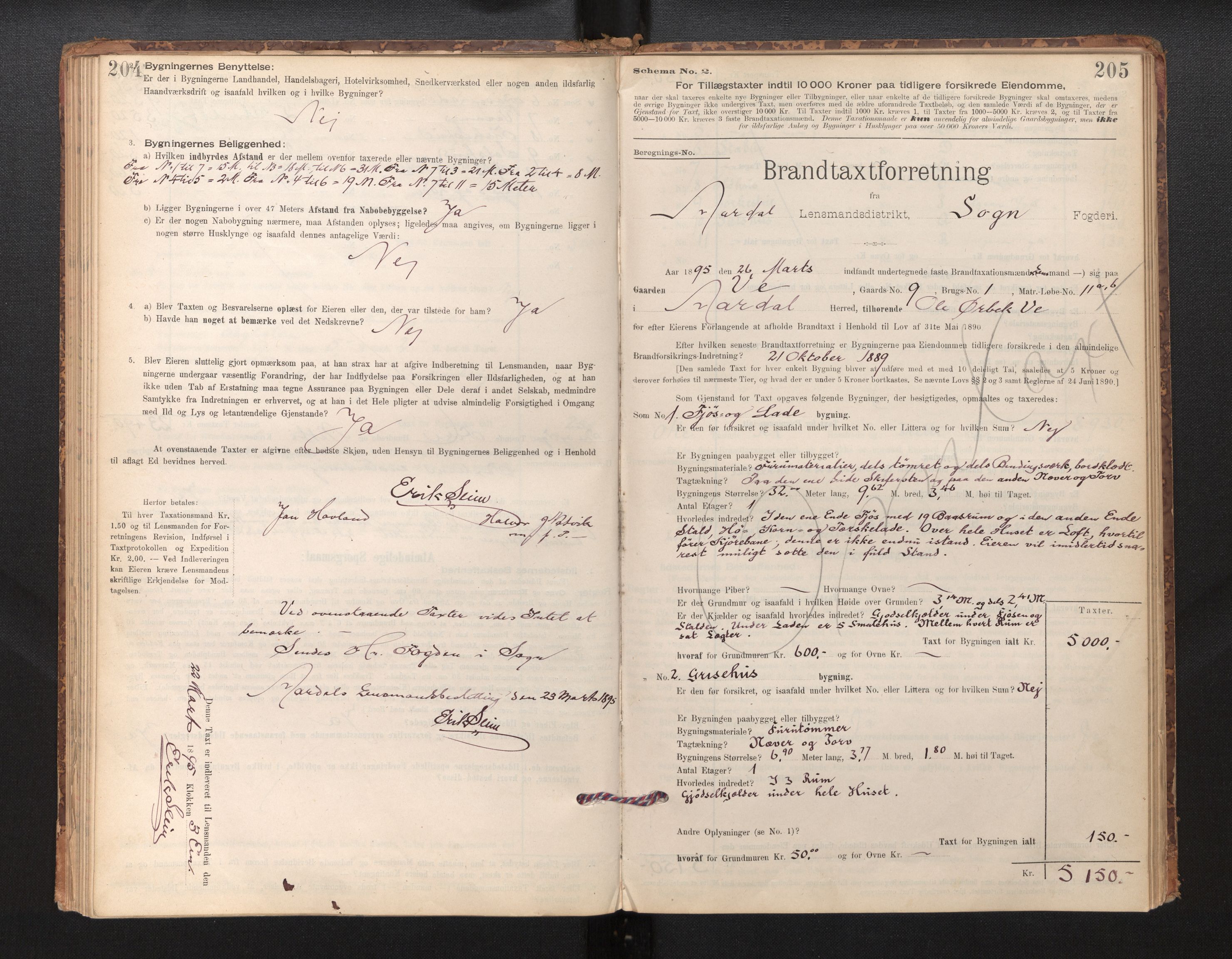 Lensmannen i Årdal, SAB/A-30501/0012/L0008: Branntakstprotokoll, skjematakst, 1895-1915, p. 204-205