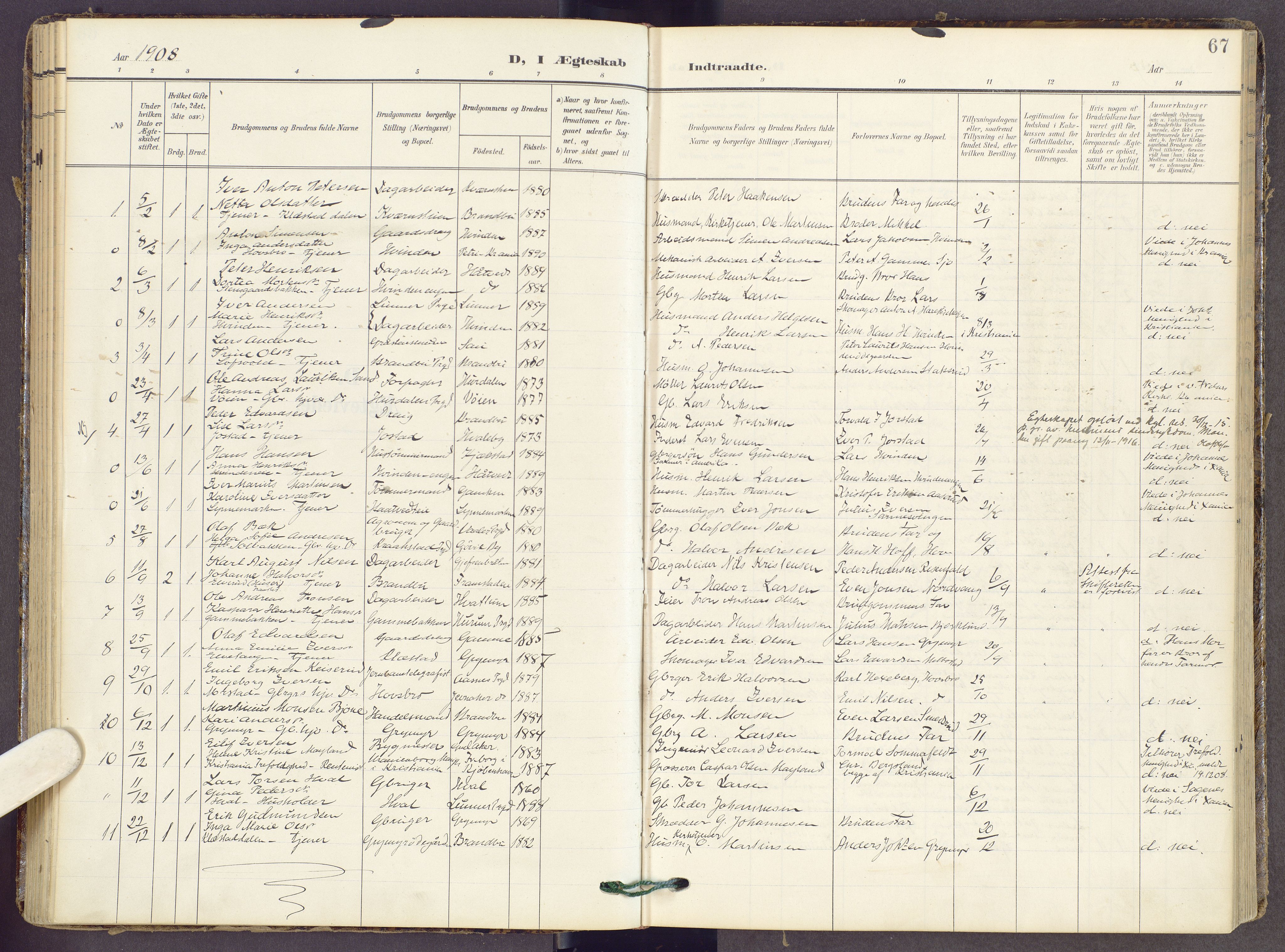 Gran prestekontor, SAH/PREST-112/H/Ha/Haa/L0022: Parish register (official) no. 22, 1908-1918, p. 67