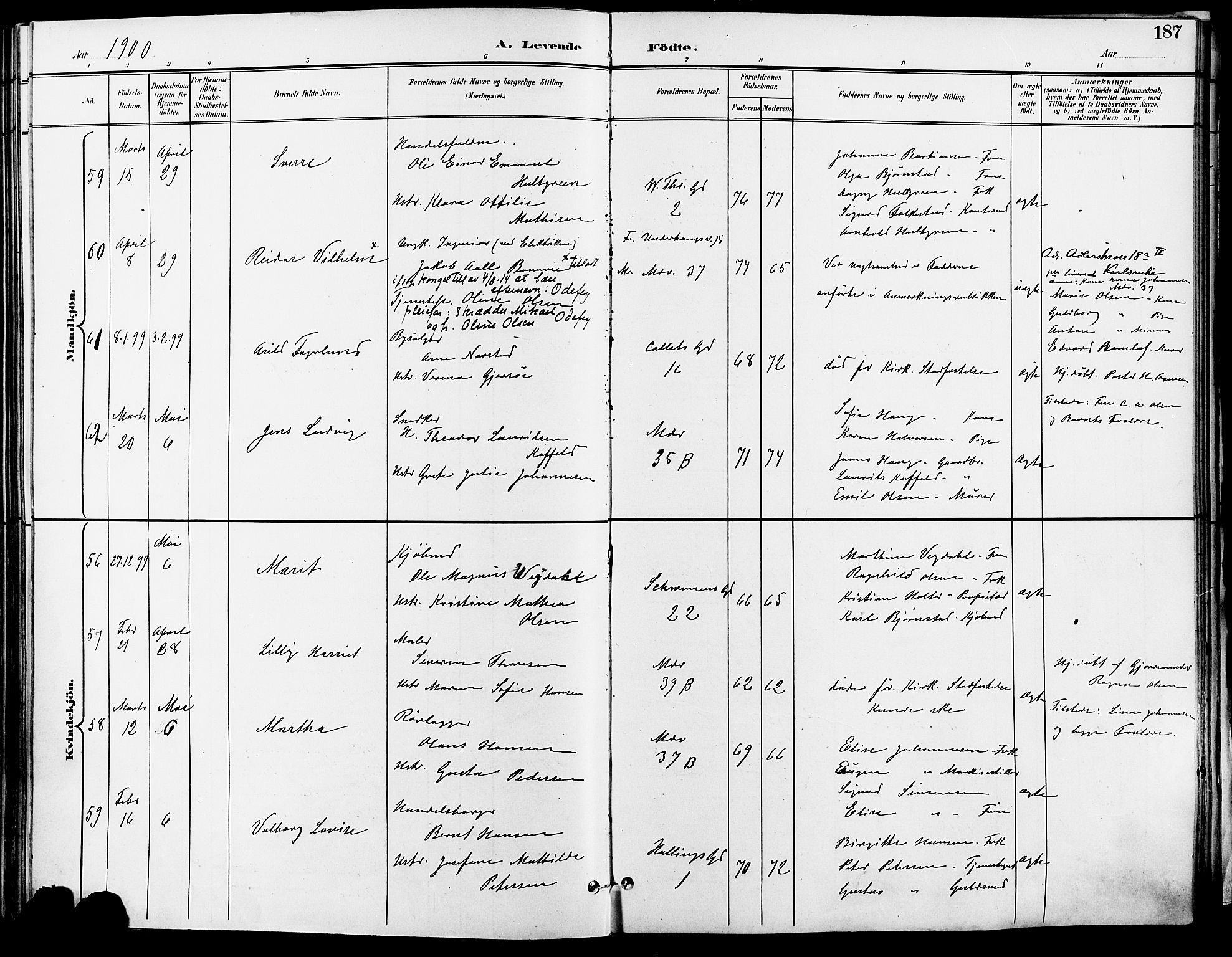 Gamle Aker prestekontor Kirkebøker, SAO/A-10617a/F/L0011: Parish register (official) no. 11, 1896-1901, p. 187