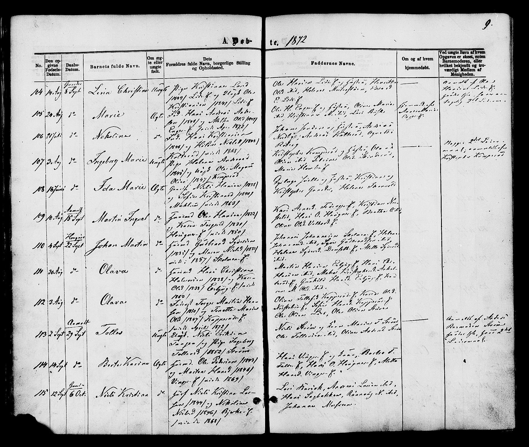 Nordre Land prestekontor, SAH/PREST-124/H/Ha/Haa/L0002: Parish register (official) no. 2, 1872-1881, p. 9