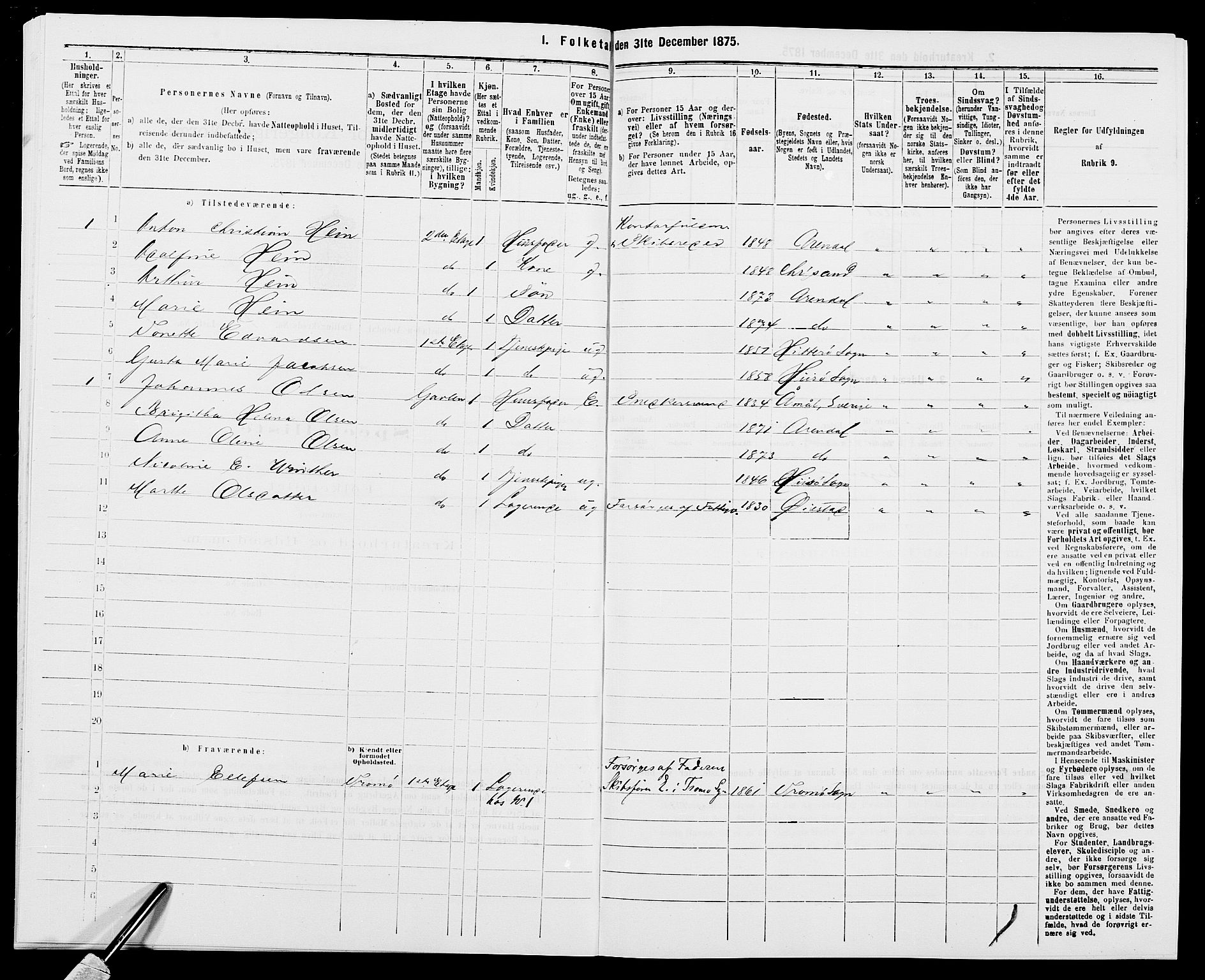 SAK, 1875 census for 0903P Arendal, 1875, p. 28