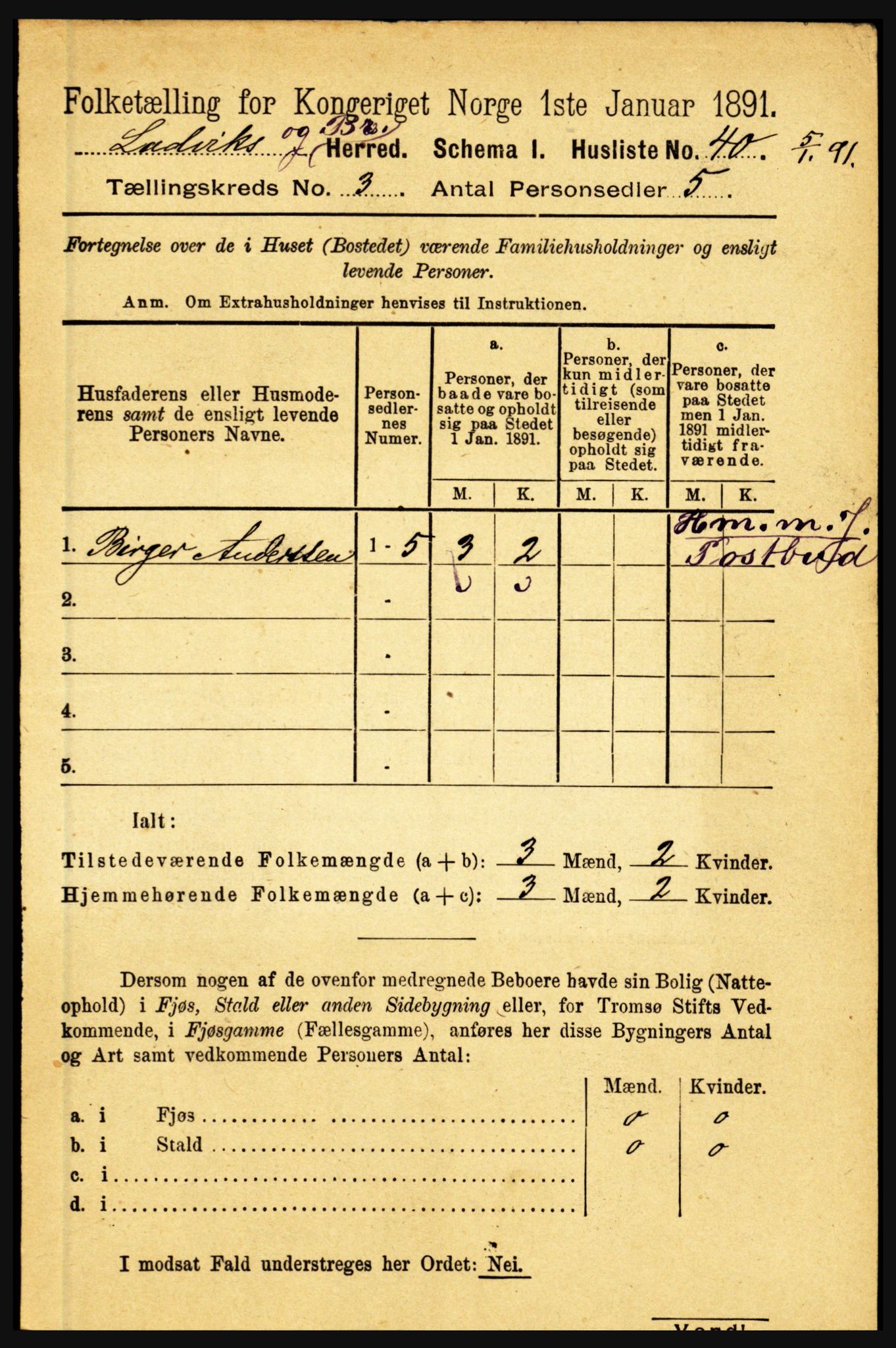 RA, 1891 census for 1415 Lavik og Brekke, 1891, p. 494