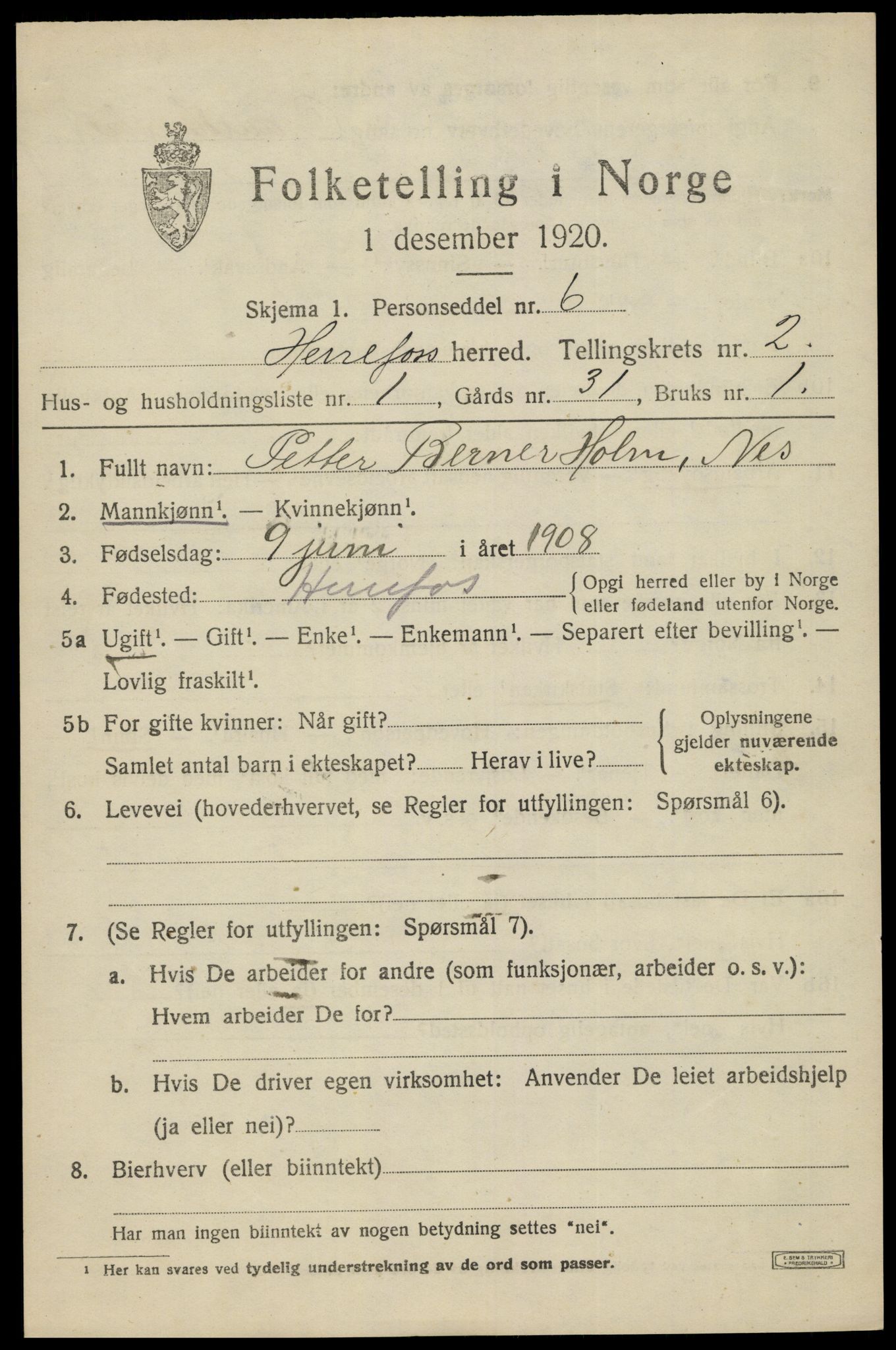 SAK, 1920 census for Herefoss, 1920, p. 328