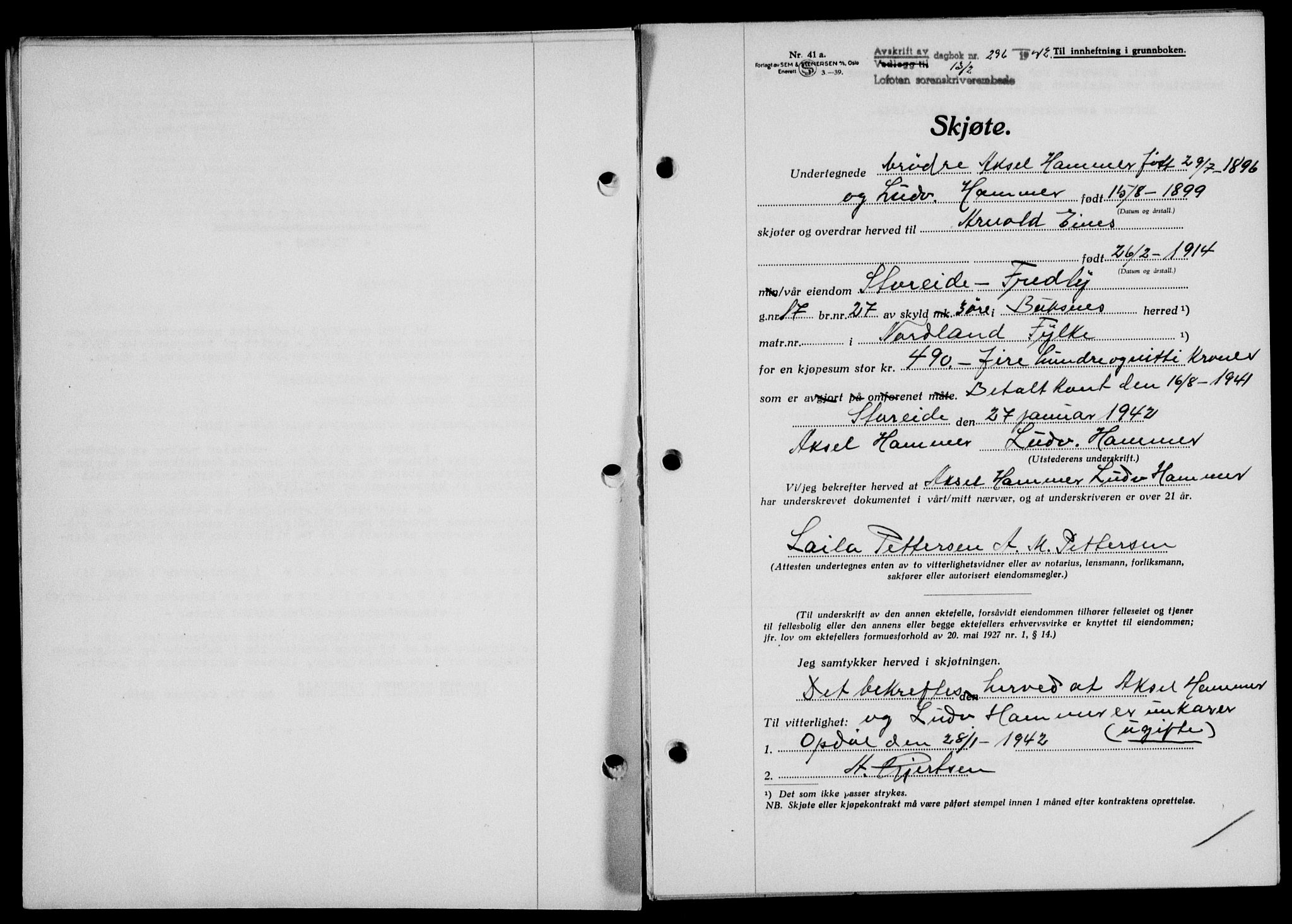 Lofoten sorenskriveri, SAT/A-0017/1/2/2C/L0009a: Mortgage book no. 9a, 1941-1942, Diary no: : 296/1942