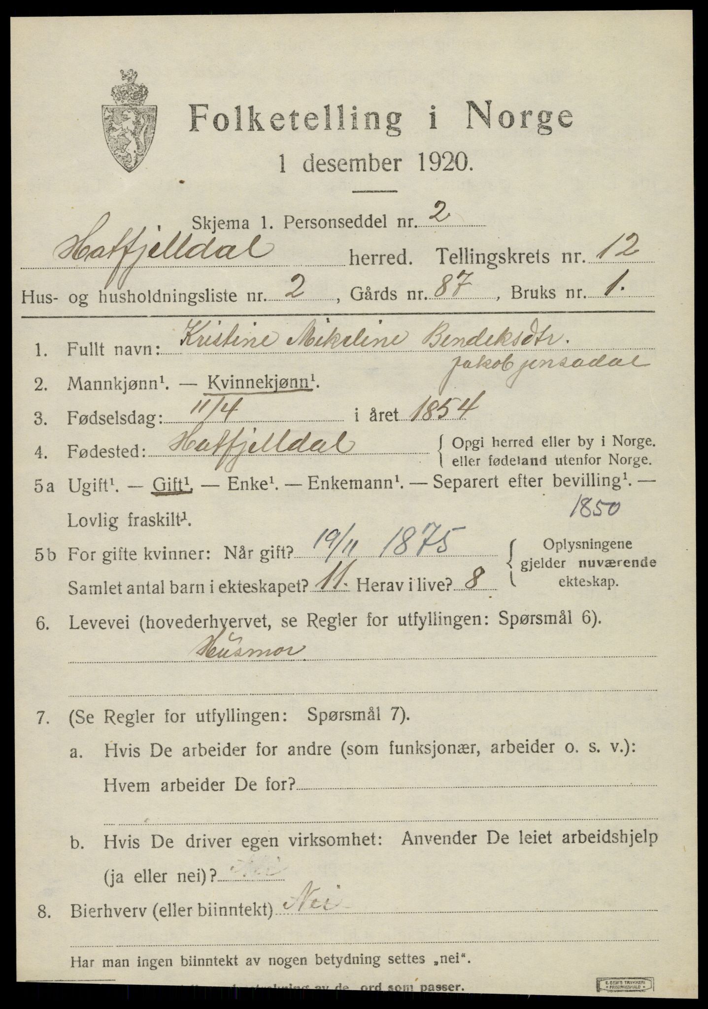 SAT, 1920 census for Hattfjelldal, 1920, p. 2718