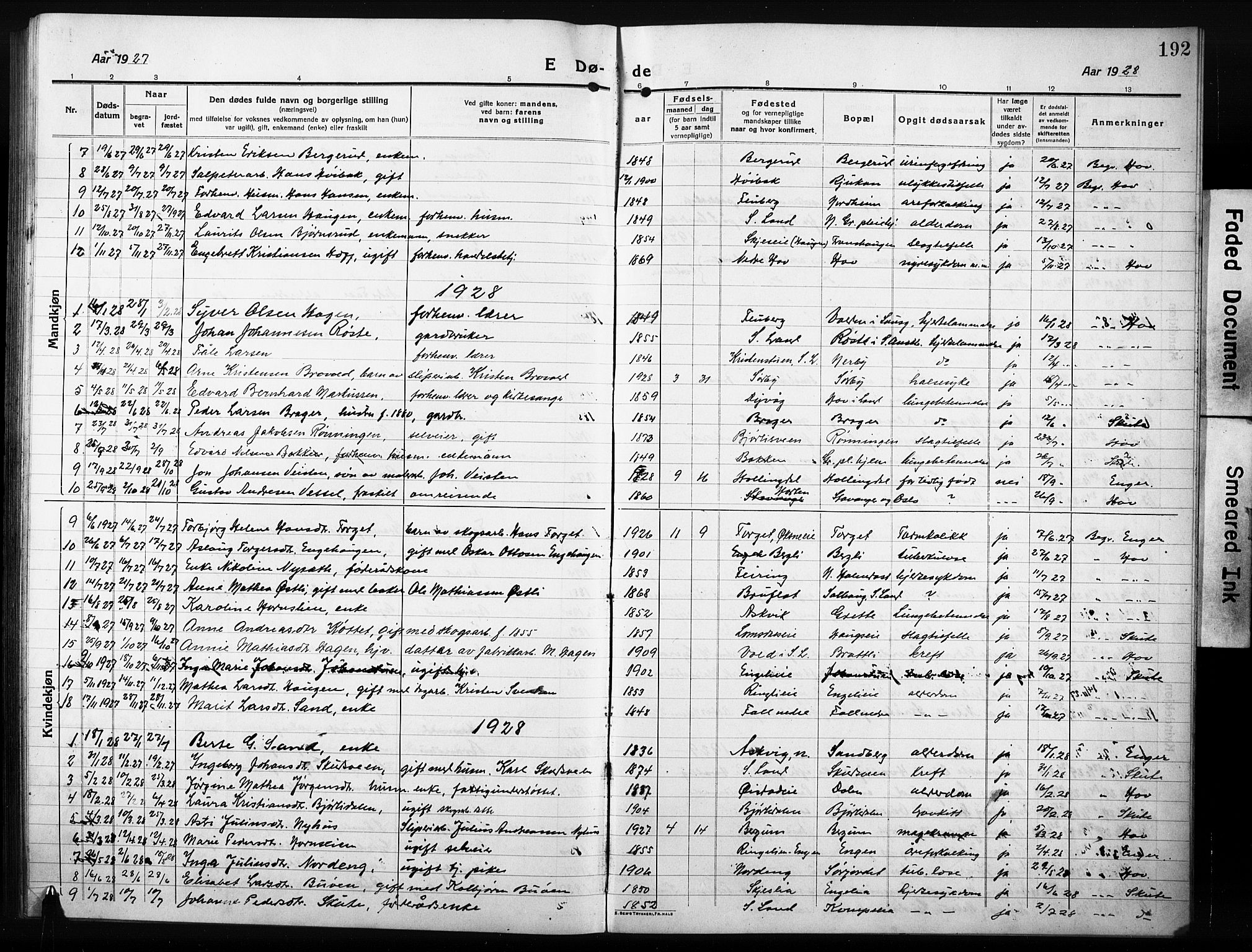 Søndre Land prestekontor, AV/SAH-PREST-122/L/L0007: Parish register (copy) no. 7, 1915-1932, p. 192