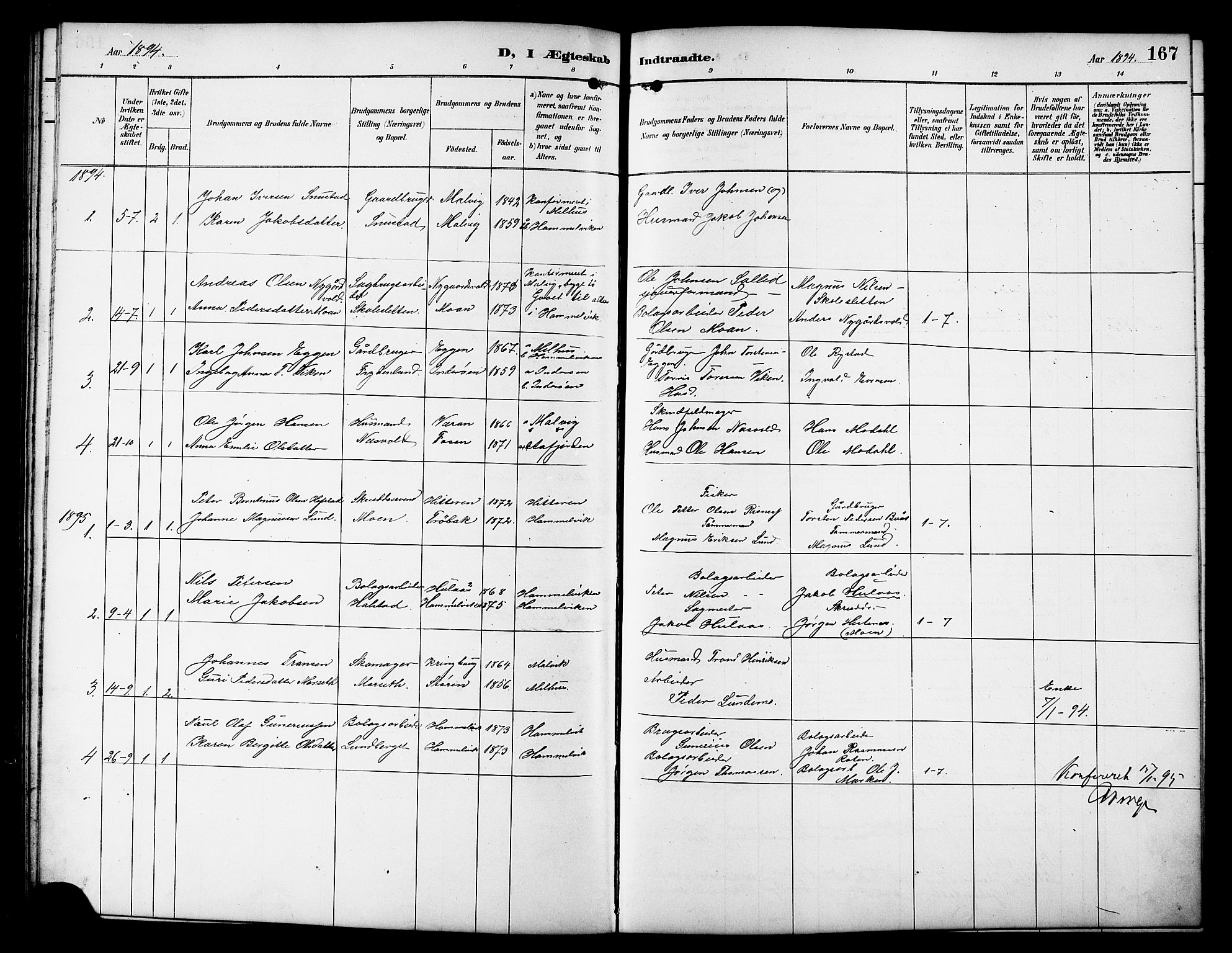 Ministerialprotokoller, klokkerbøker og fødselsregistre - Sør-Trøndelag, SAT/A-1456/617/L0431: Parish register (copy) no. 617C01, 1889-1910, p. 167