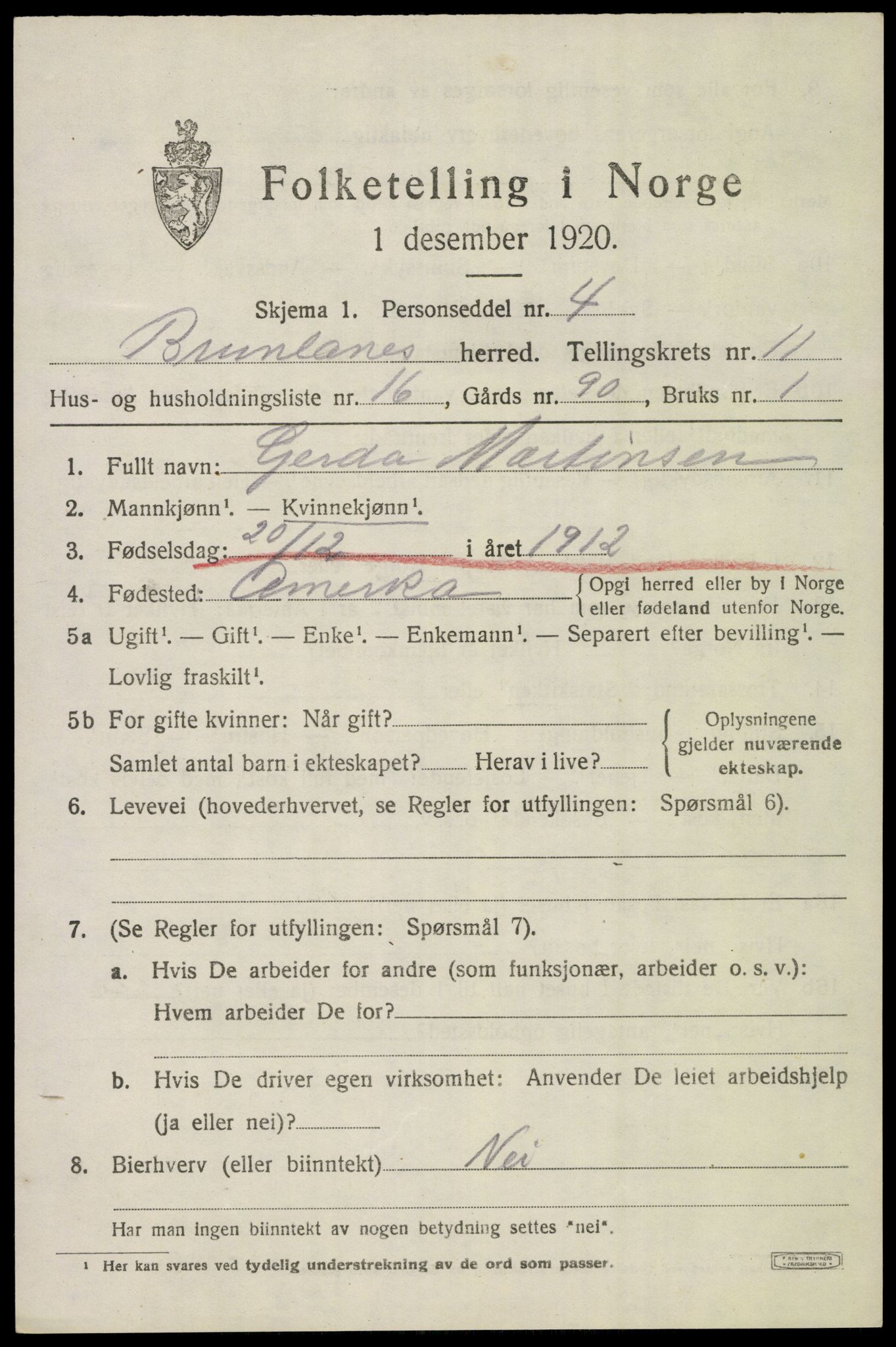 SAKO, 1920 census for Brunlanes, 1920, p. 9713