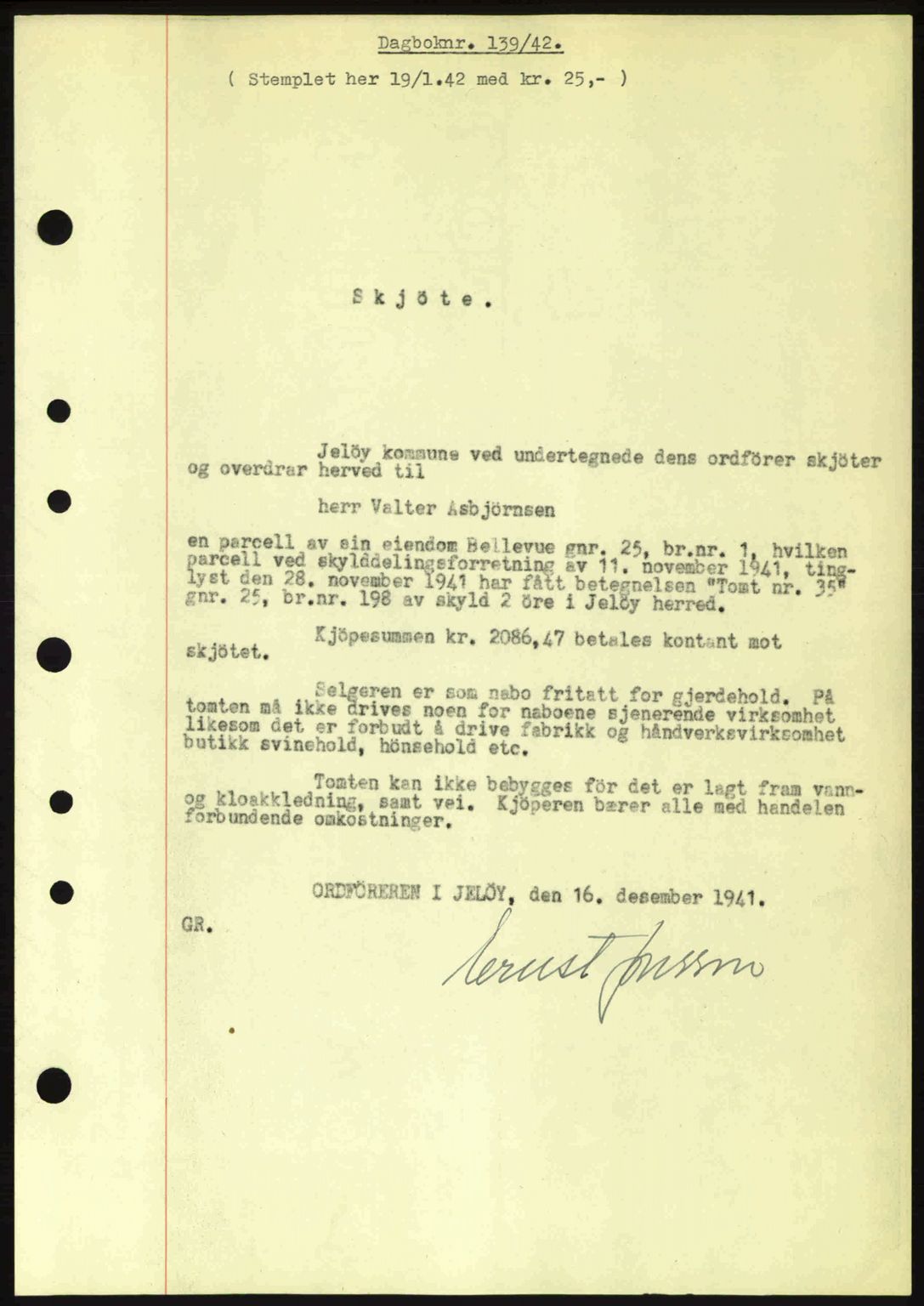 Moss sorenskriveri, SAO/A-10168: Mortgage book no. A9, 1941-1942, Diary no: : 139/1942