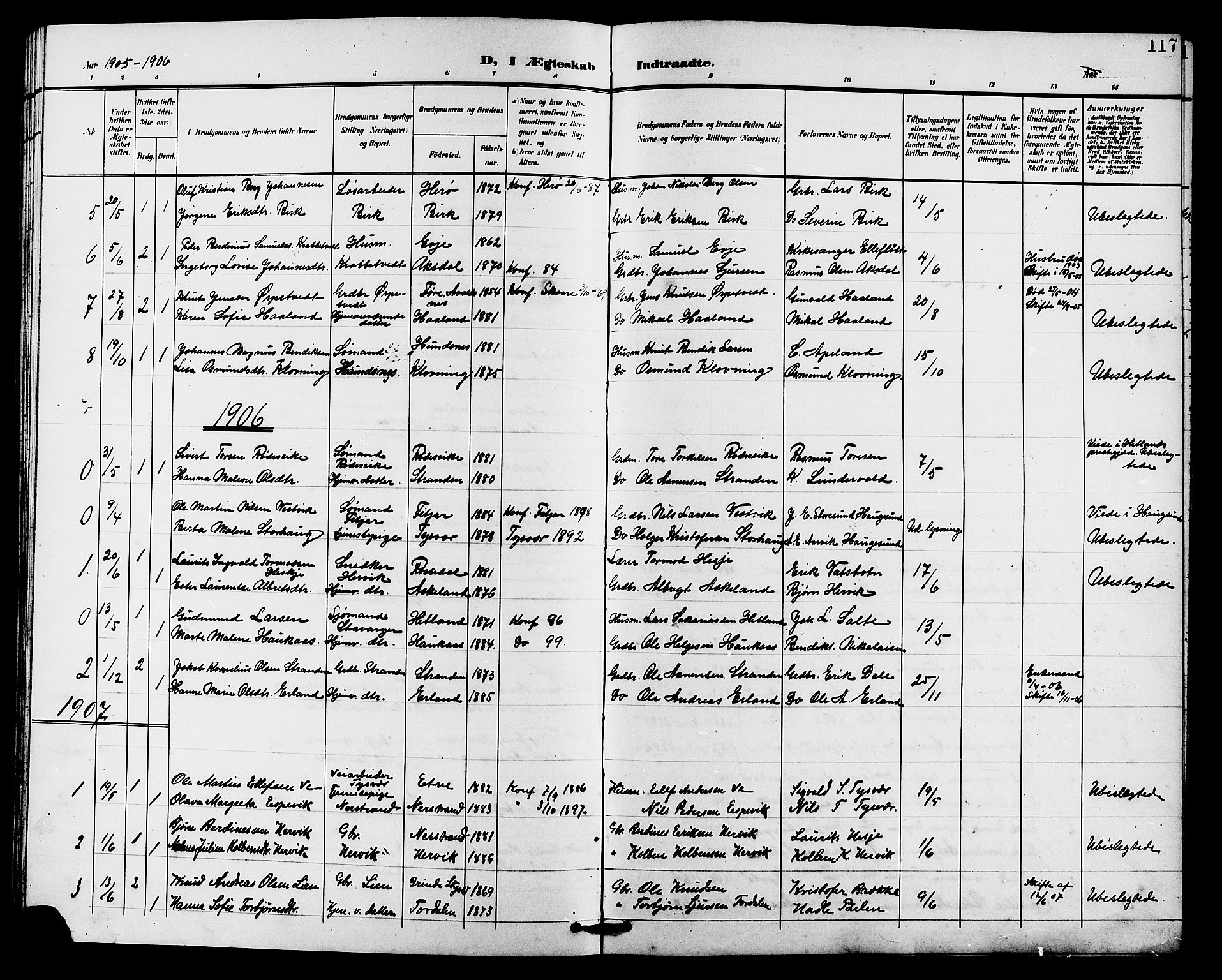 Tysvær sokneprestkontor, SAST/A -101864/H/Ha/Haa/L0008: Parish register (official) no. A 8, 1897-1912, p. 117