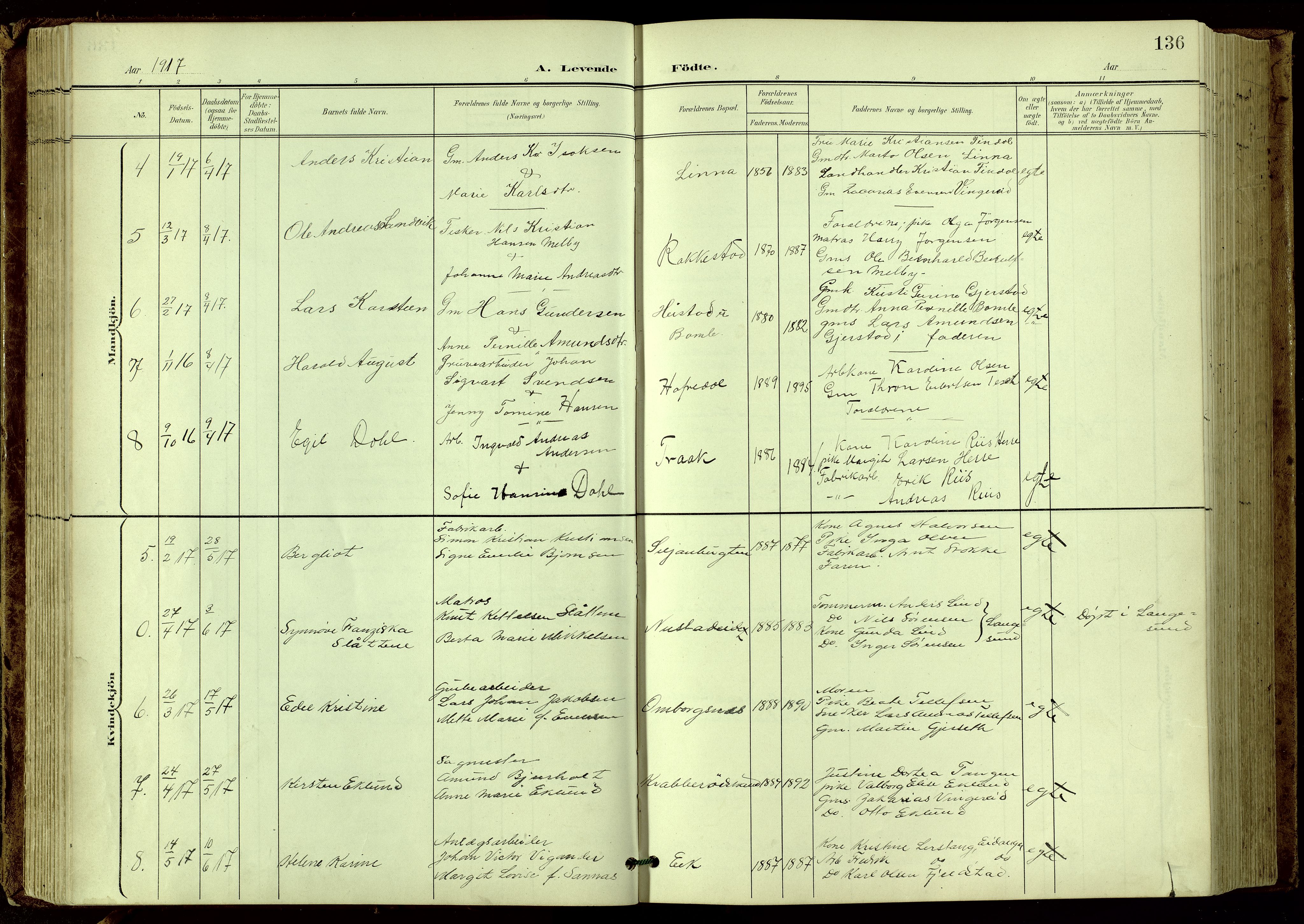 Bamble kirkebøker, SAKO/A-253/G/Ga/L0010: Parish register (copy) no. I 10, 1901-1919, p. 136