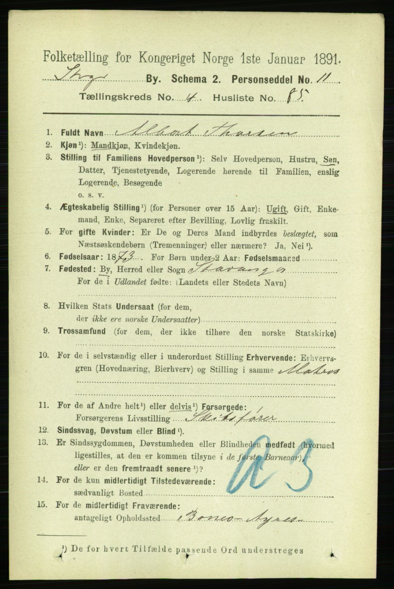 RA, 1891 census for 1103 Stavanger, 1891, p. 8578