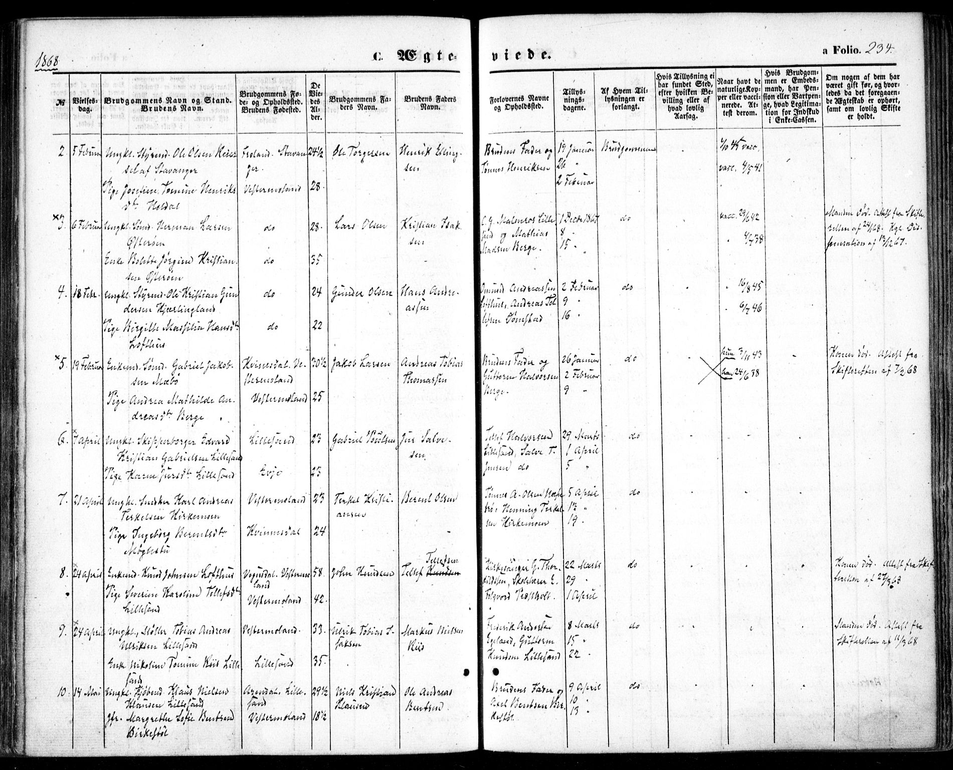 Vestre Moland sokneprestkontor, SAK/1111-0046/F/Fa/Fab/L0007: Parish register (official) no. A 7, 1859-1872, p. 234