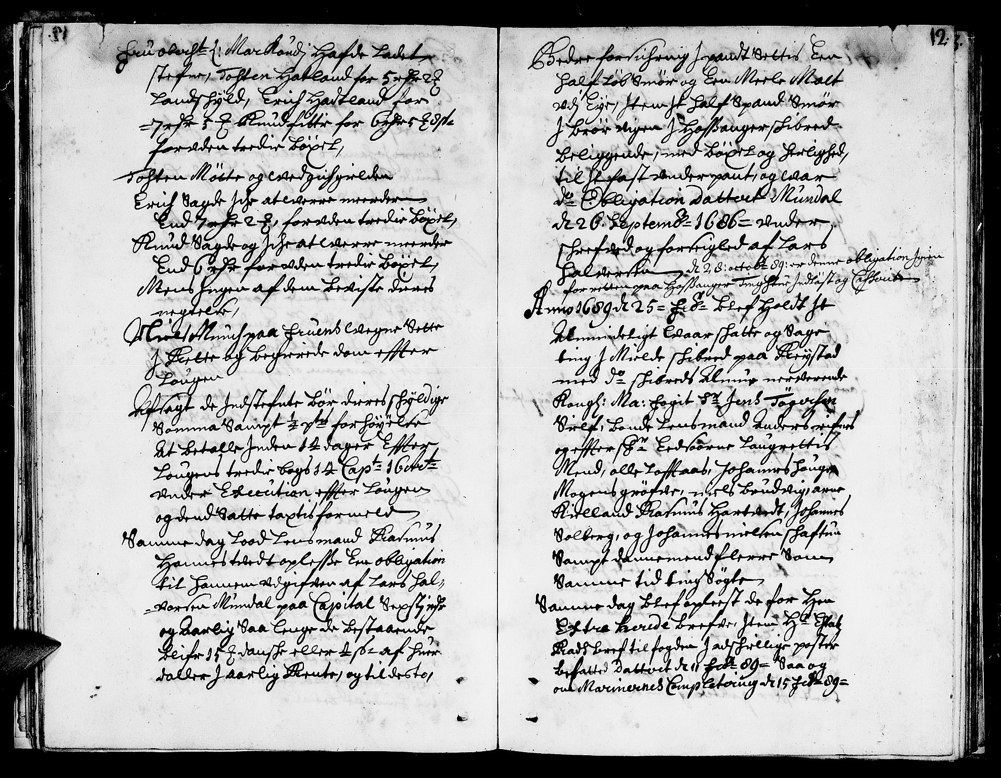 Nordhordland sorenskrivar, AV/SAB-A-2901/1/F/Fa/L0023: Tingbok (justisprotokoll), 1689, p. 11b-12a