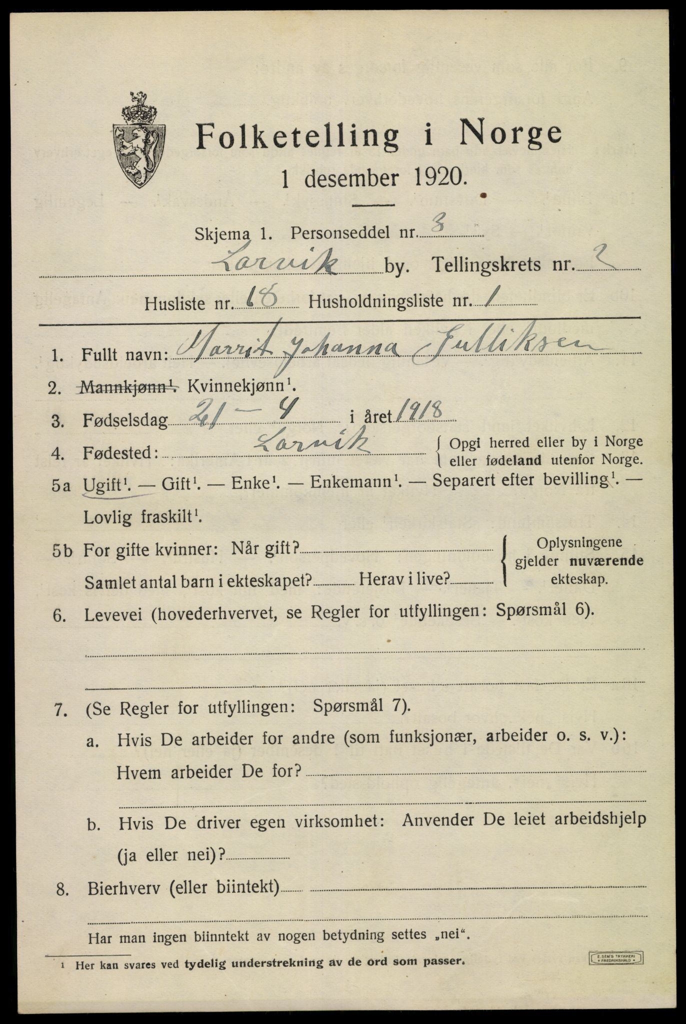 SAKO, 1920 census for Larvik, 1920, p. 11320