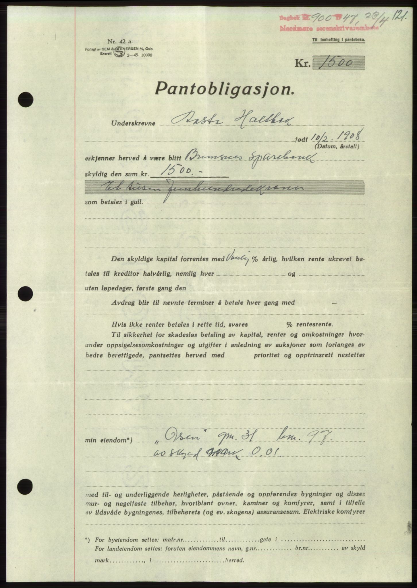 Nordmøre sorenskriveri, AV/SAT-A-4132/1/2/2Ca: Mortgage book no. B96, 1947-1947, Diary no: : 900/1947