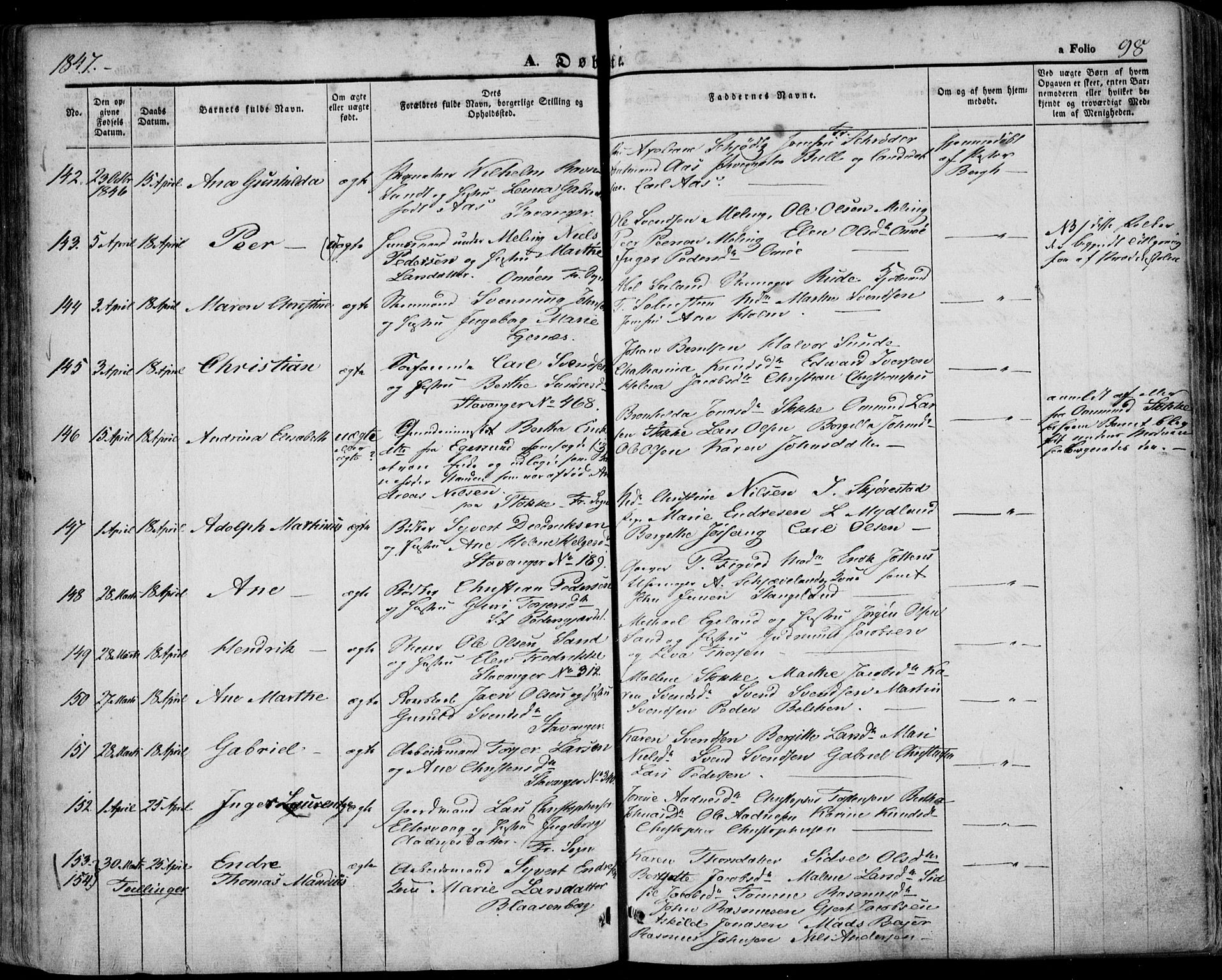 Domkirken sokneprestkontor, SAST/A-101812/001/30/30BA/L0016: Parish register (official) no. A 15, 1844-1854, p. 98