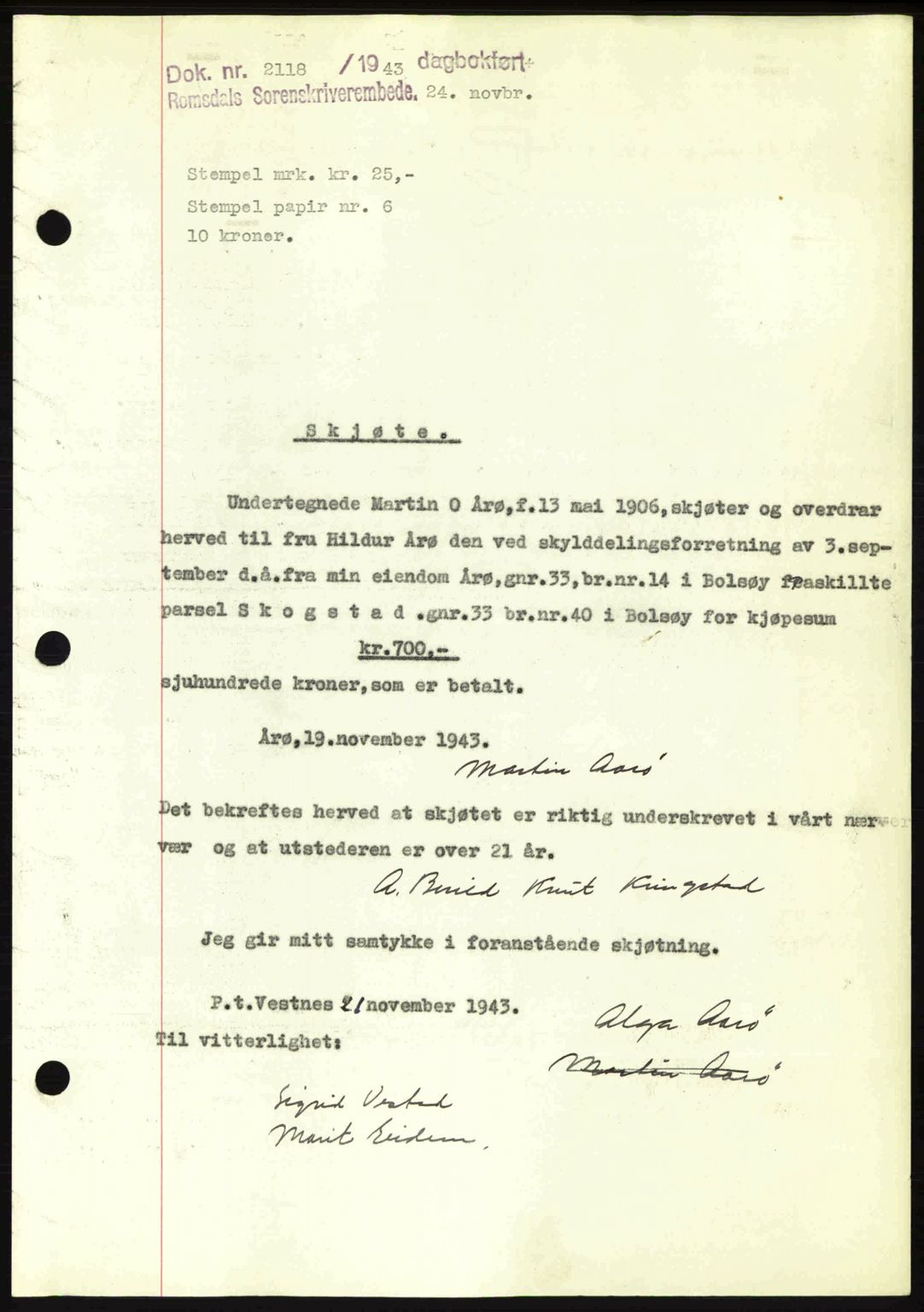 Romsdal sorenskriveri, AV/SAT-A-4149/1/2/2C: Mortgage book no. A15, 1943-1944, Diary no: : 2118/1943