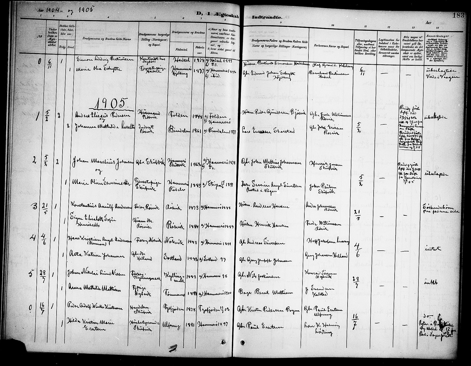 Ministerialprotokoller, klokkerbøker og fødselsregistre - Nordland, SAT/A-1459/859/L0860: Parish register (copy) no. 859C06, 1899-1909, p. 183