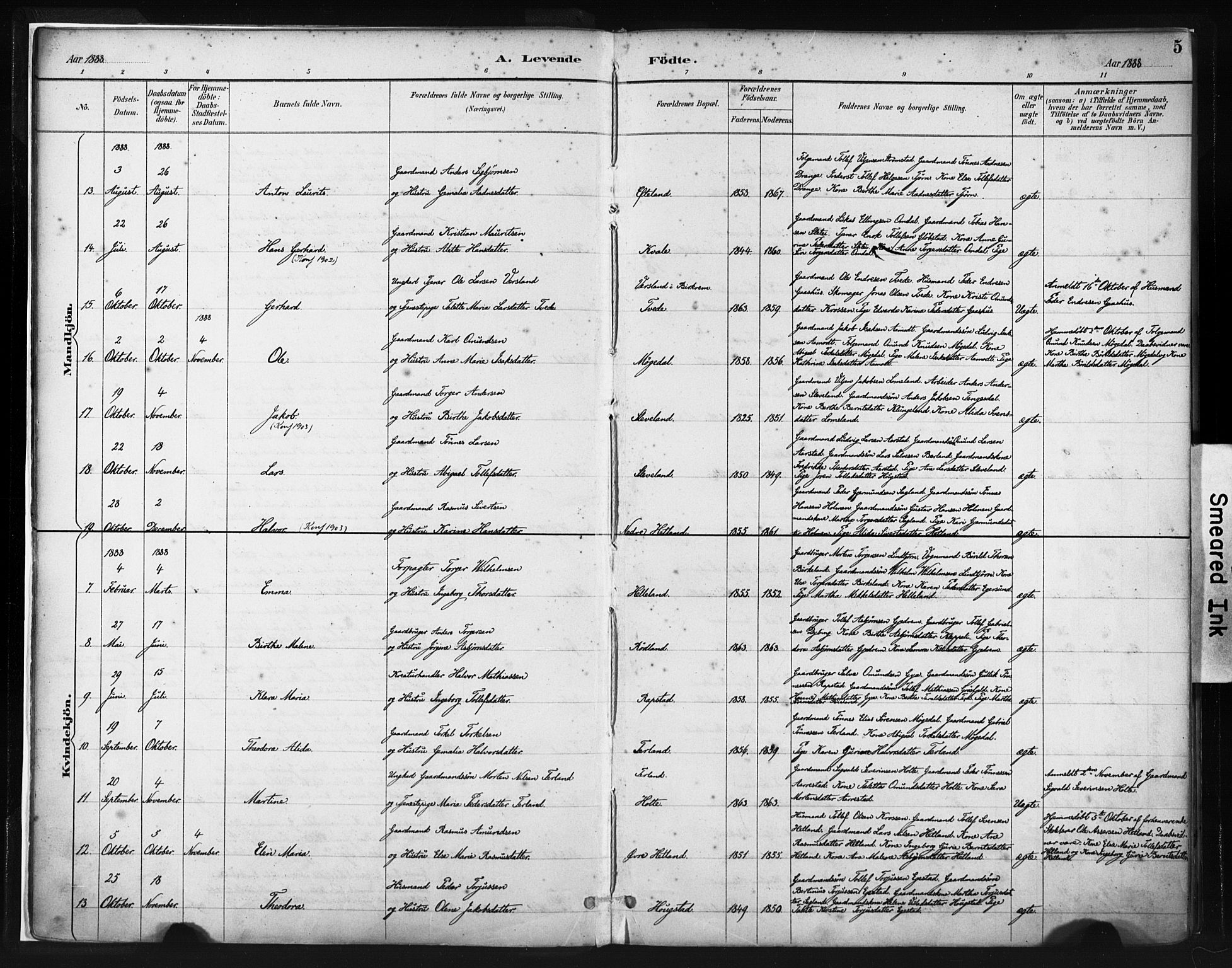 Helleland sokneprestkontor, AV/SAST-A-101810: Parish register (official) no. A 8, 1887-1907, p. 5