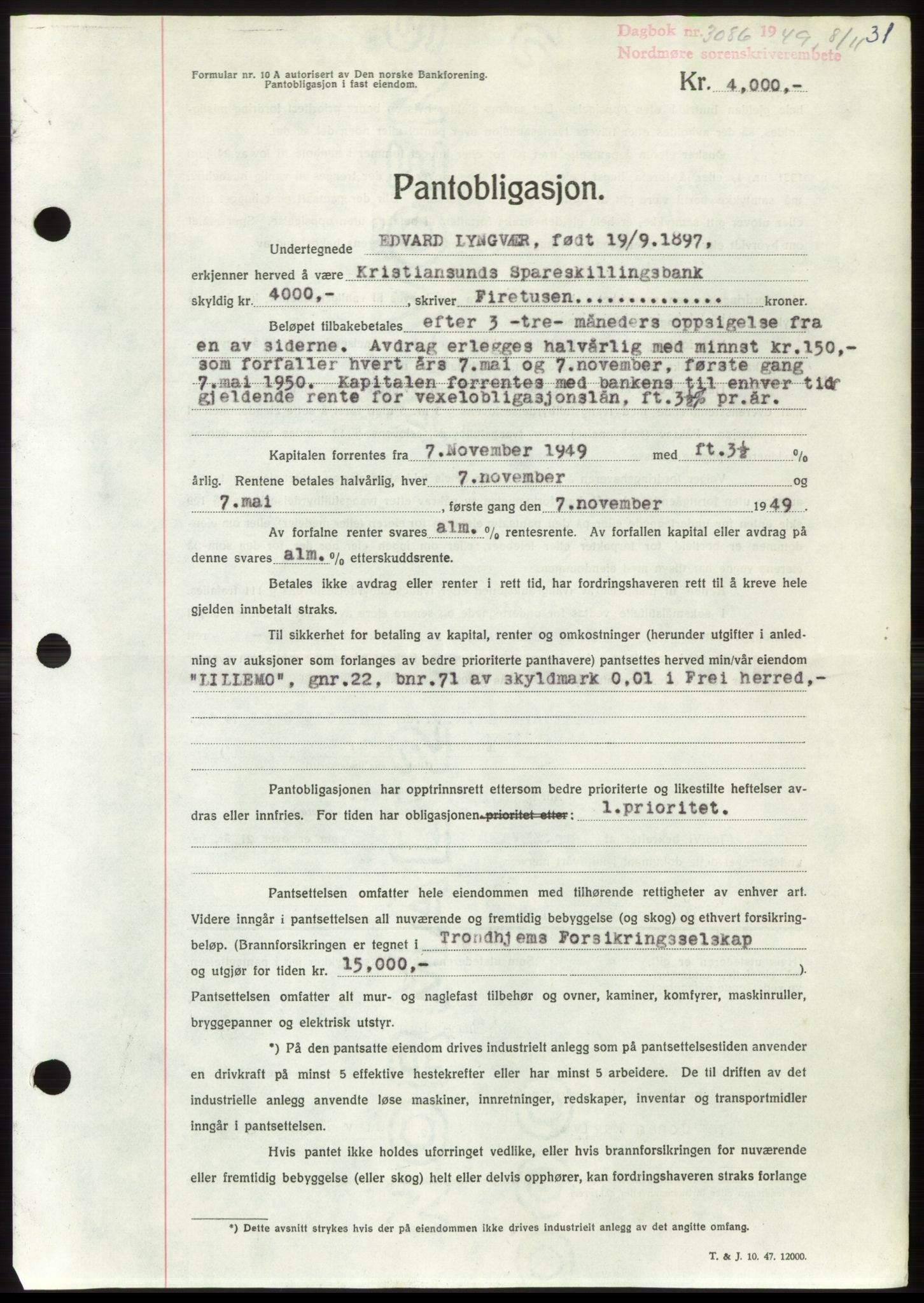 Nordmøre sorenskriveri, AV/SAT-A-4132/1/2/2Ca: Mortgage book no. B103, 1949-1950, Diary no: : 3086/1949